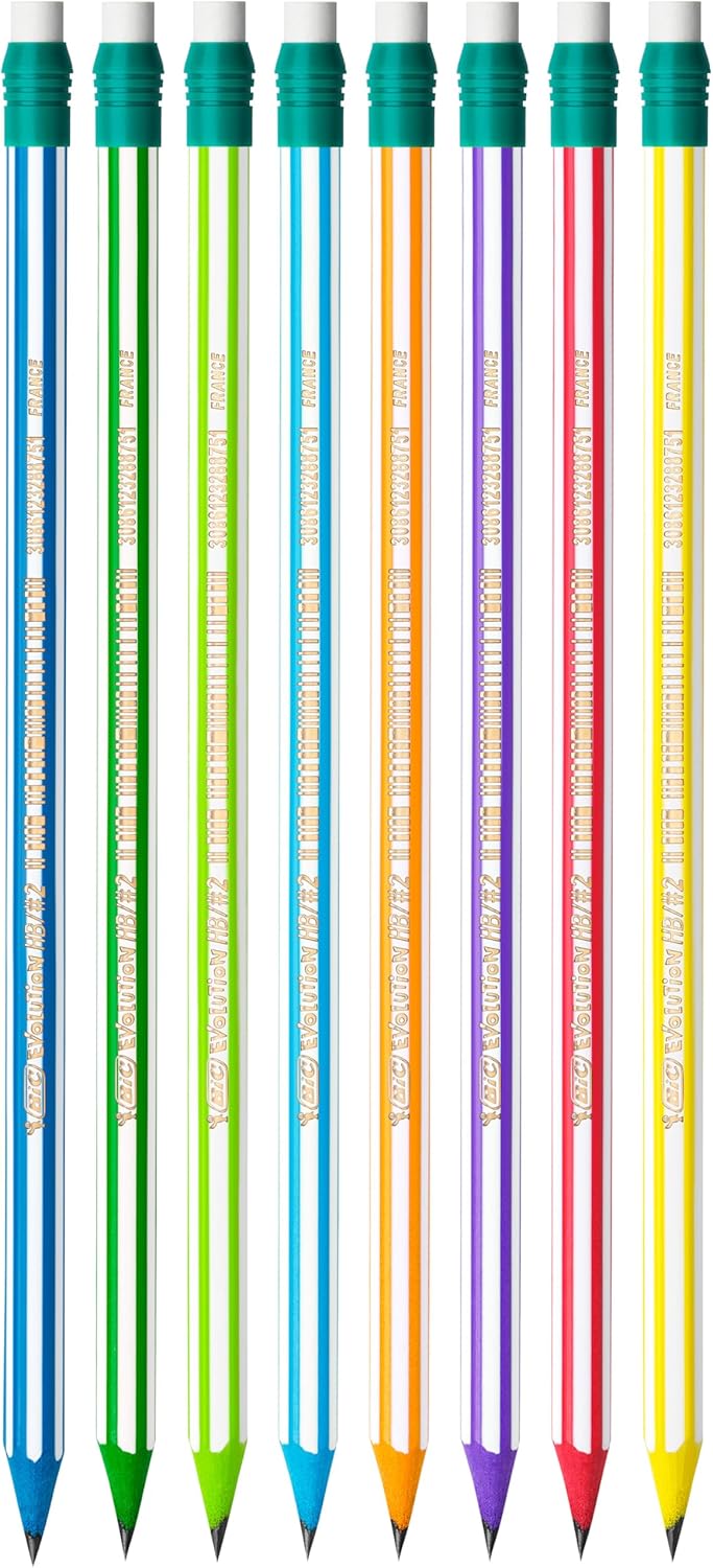 BIC HB Graphite Pencils with Eraser, Evolution Stripes, Pack of 8 Pencils, Vibrant Multicolored Barrels with Eraser