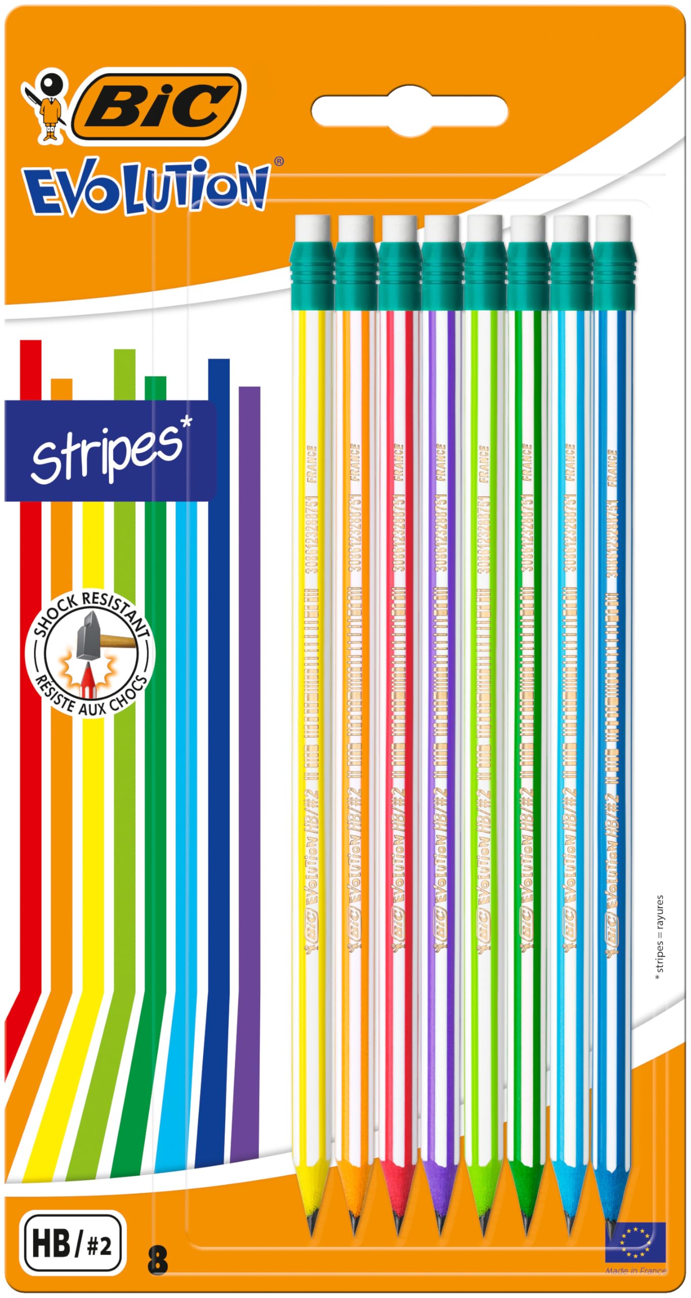 BIC HB Graphite Pencils with Eraser, Evolution Stripes, Pack of 8 Pencils, Vibrant Multicolored Barrels with Eraser