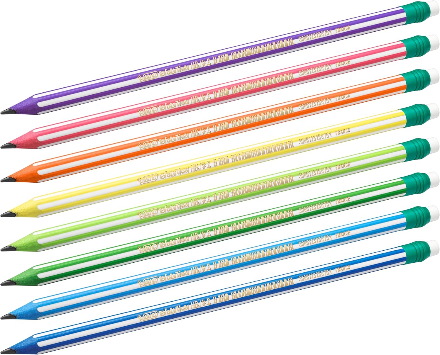 BIC HB Graphite Pencils with Eraser, Evolution Stripes, Pack of 8 Pencils, Vibrant Multicolored Barrels with Eraser