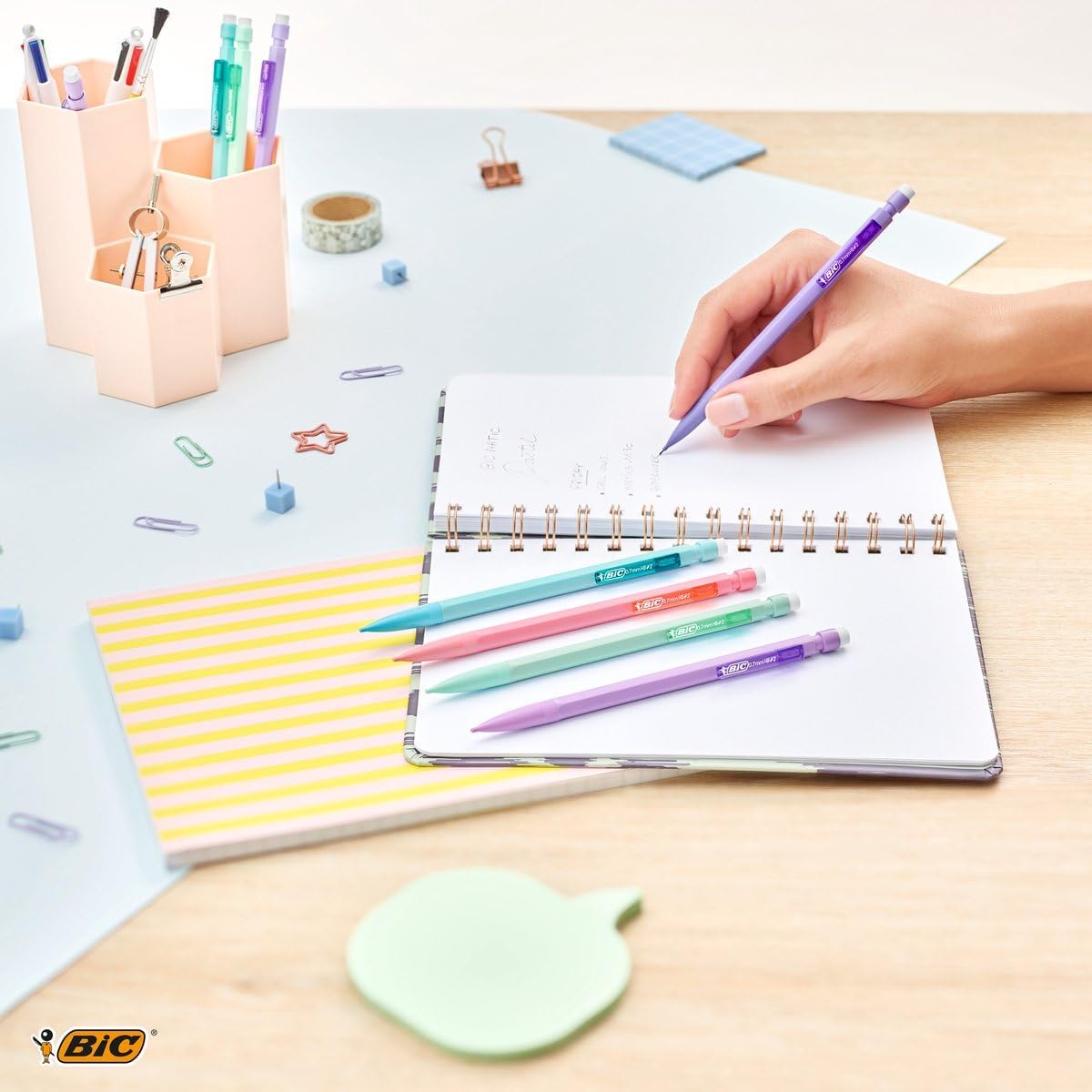 BIC Matic Mechanical Pencil Case with 0.7mm Nib, 5 Pastel Colors, 3 x 0.7mm HB Tips, Easily Erasable