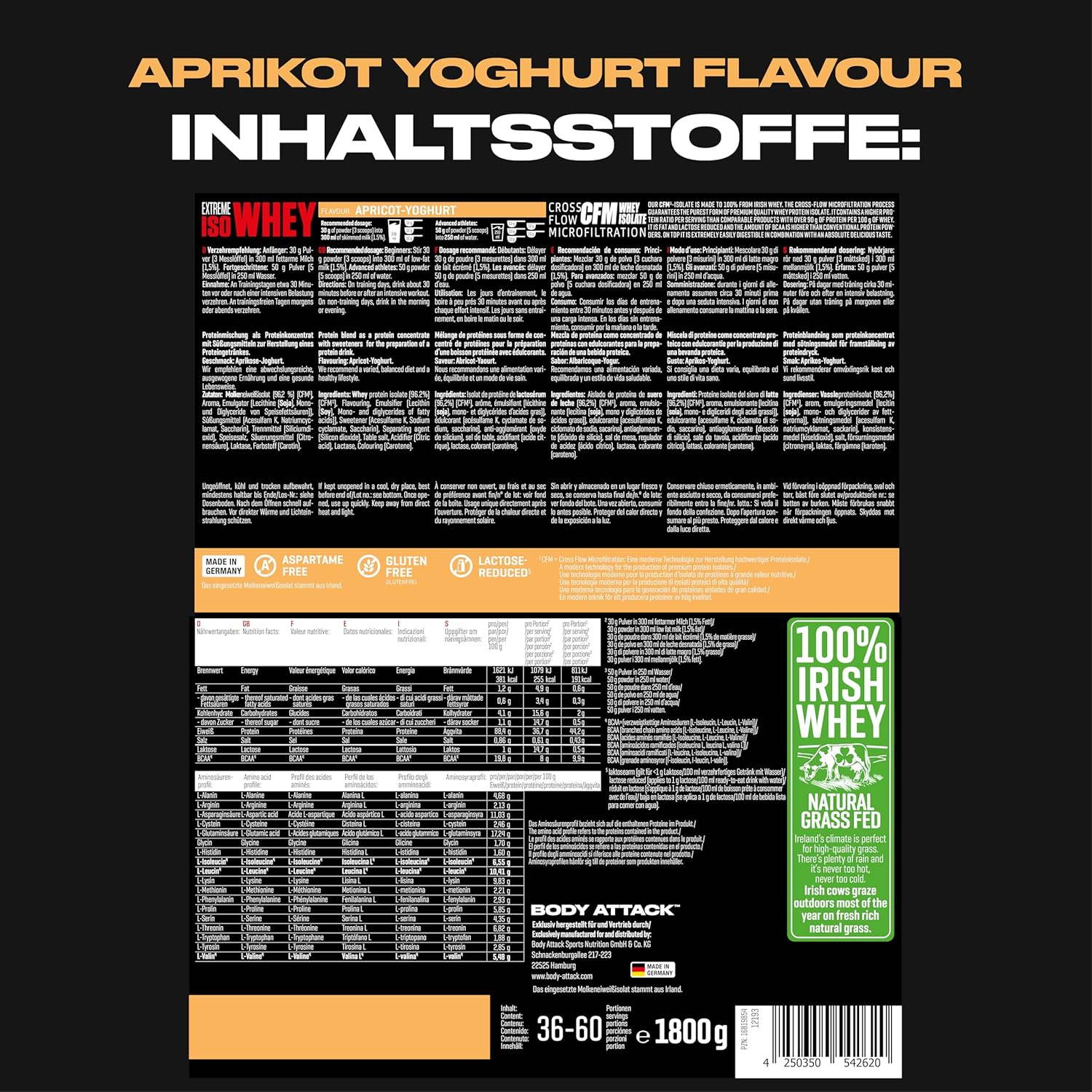 Body Attack Extreme Iso Whey, CFM Whey Protein Isolate from 100% Irish pastured milk, gluten-free, rich in EAA, perfectly soluble, 90.6 % isolate content, 1.8 kg Apricot-Yoghurt Apricot Yoghurt 1.8 kg (1er Pack)