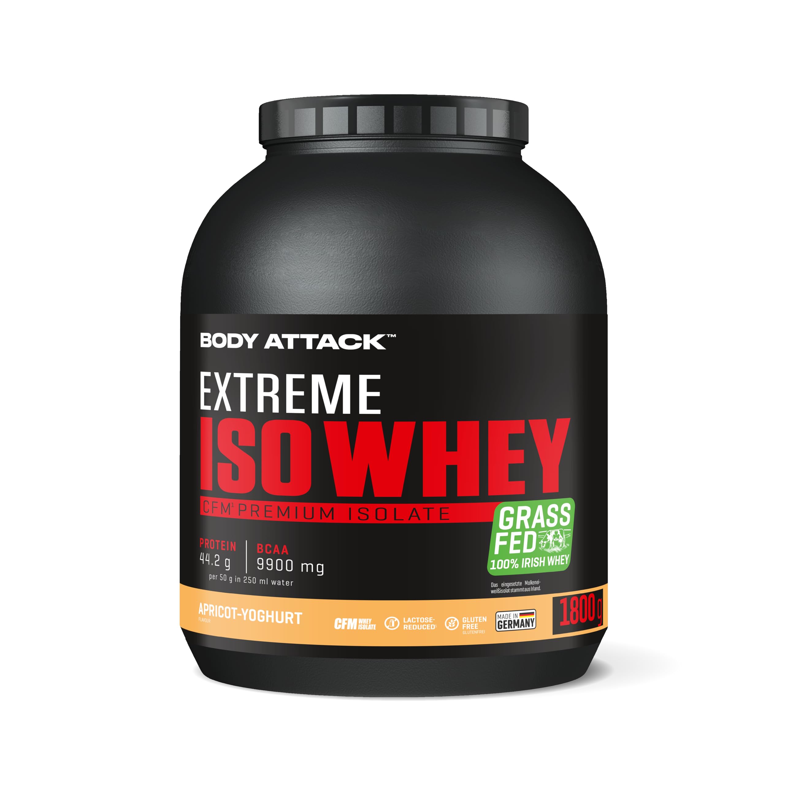 Body Attack Extreme Iso Whey, CFM Whey Protein Isolate from 100% Irish pastured milk, gluten-free, rich in EAA, perfectly soluble, 90.6 % isolate content, 1.8 kg Apricot-Yoghurt Apricot Yoghurt 1.8 kg (1er Pack)
