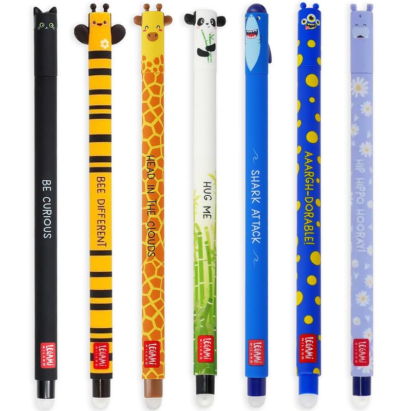 BONDS - Set of 7 Erasable Gel Pens with Heat Sensitive Erasable Ink, Palette of Ink Colors and Barrel Designs, 0.7mm Tip, Cat, Bee, Corgi, Giraffe, Panda, Shark,