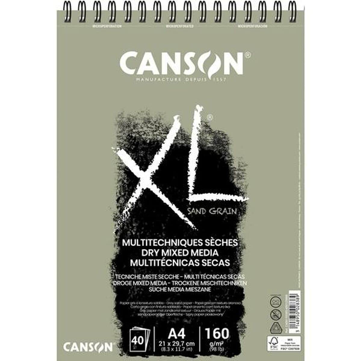 Canson XL Sand Grain, sketchbook paper made with renewable organic materials, A4, 40 sheets, 160g/m gray sandblasted effect A4-Grey