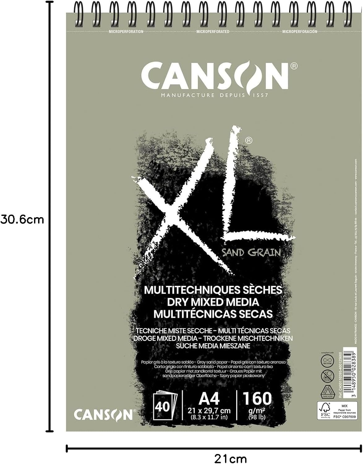 Canson XL Sand Grain, sketchbook paper made with renewable organic materials, A4, 40 sheets, 160g/m gray sandblasted effect A4-Grey