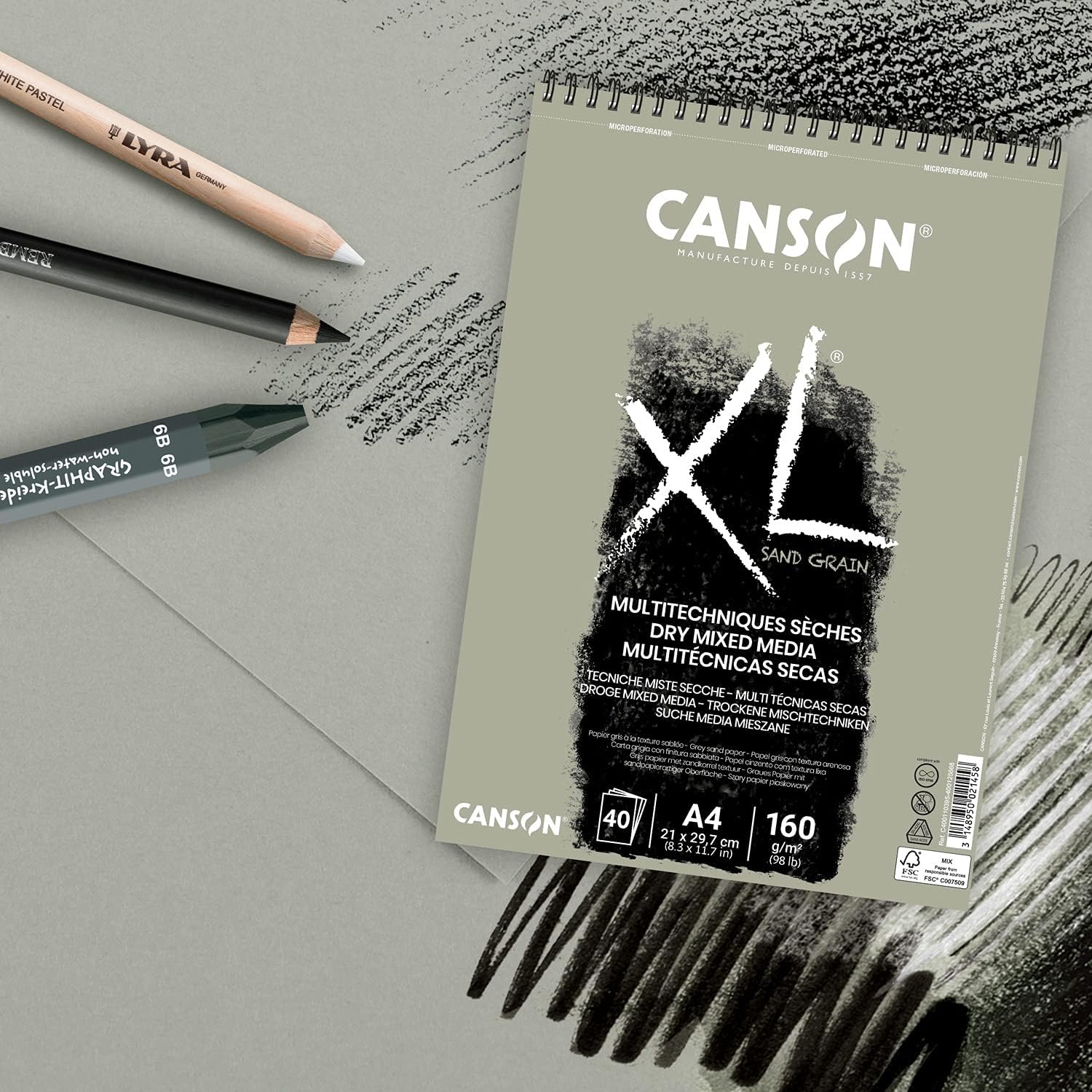 Canson XL Sand Grain, sketchbook paper made with renewable organic materials, A4, 40 sheets, 160g/m gray sandblasted effect A4-Grey
