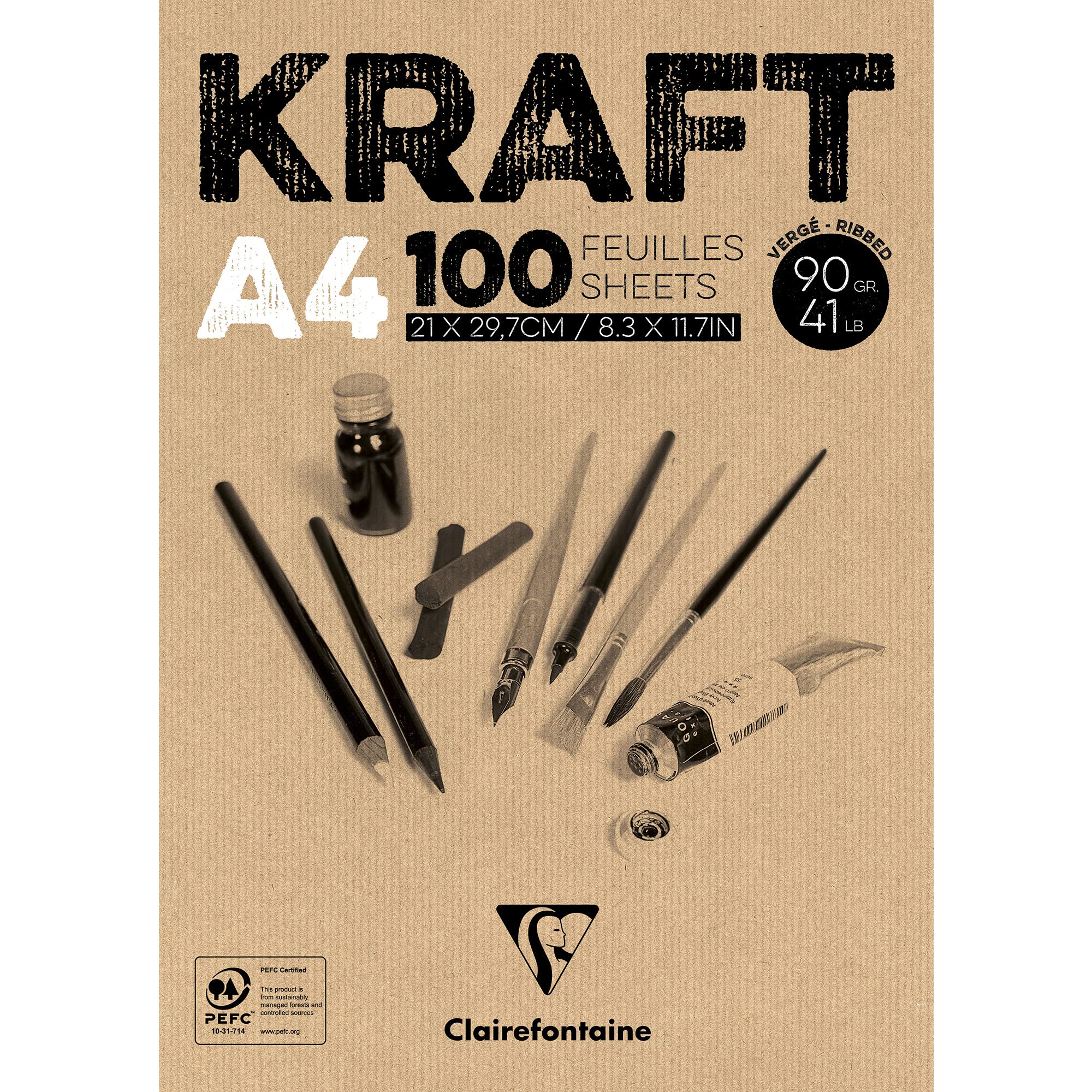 Clairefontaine 96545C Collated pad Kraft Paper - 100 sheets Brown Laid Kraft Paper A4 21x29.7 cm 90g - Double Sided Paper for Sketching and Drawing