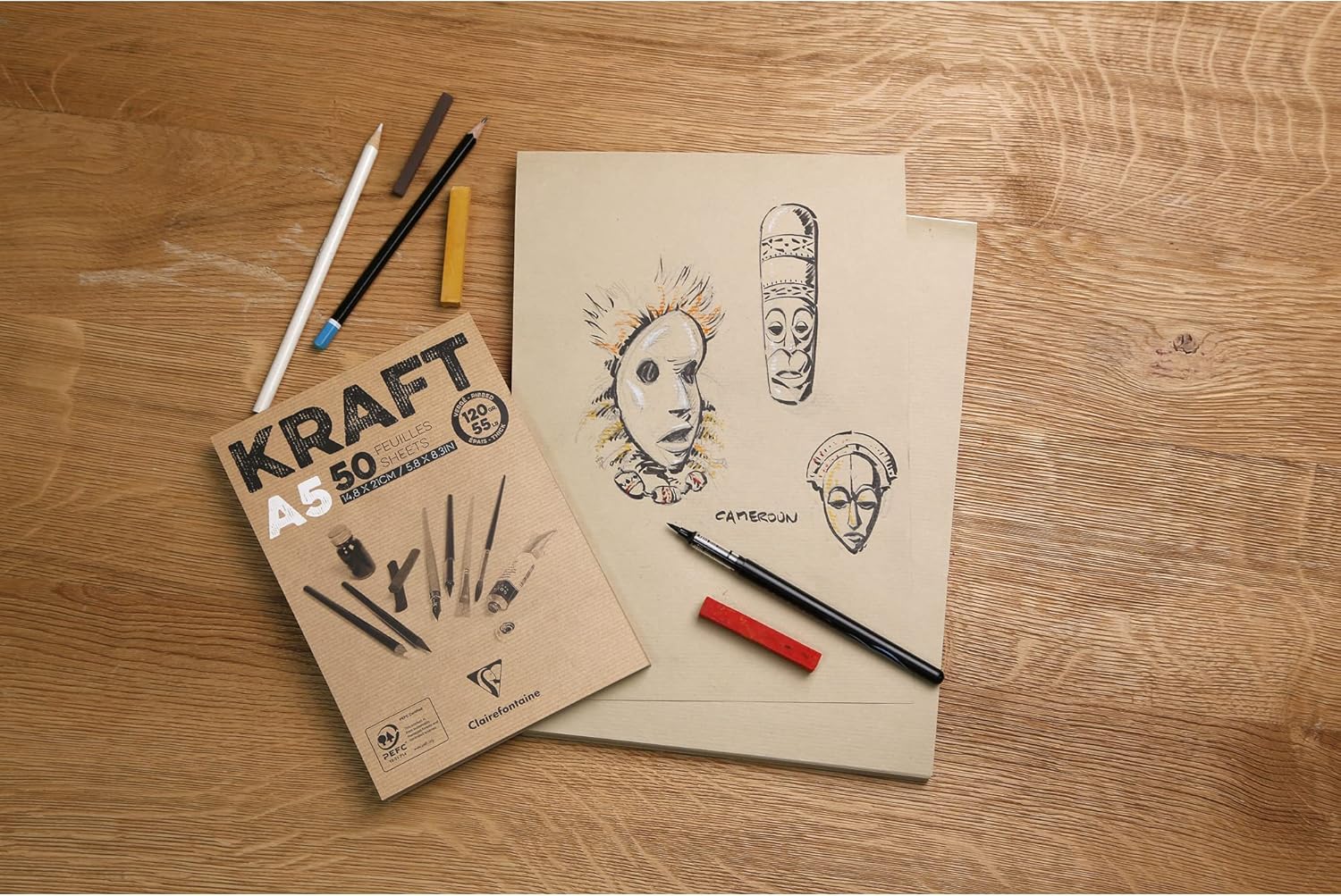 Clairefontaine 96545C Collated pad Kraft Paper - 100 sheets Brown Laid Kraft Paper A4 21x29.7 cm 90g - Double Sided Paper for Sketching and Drawing