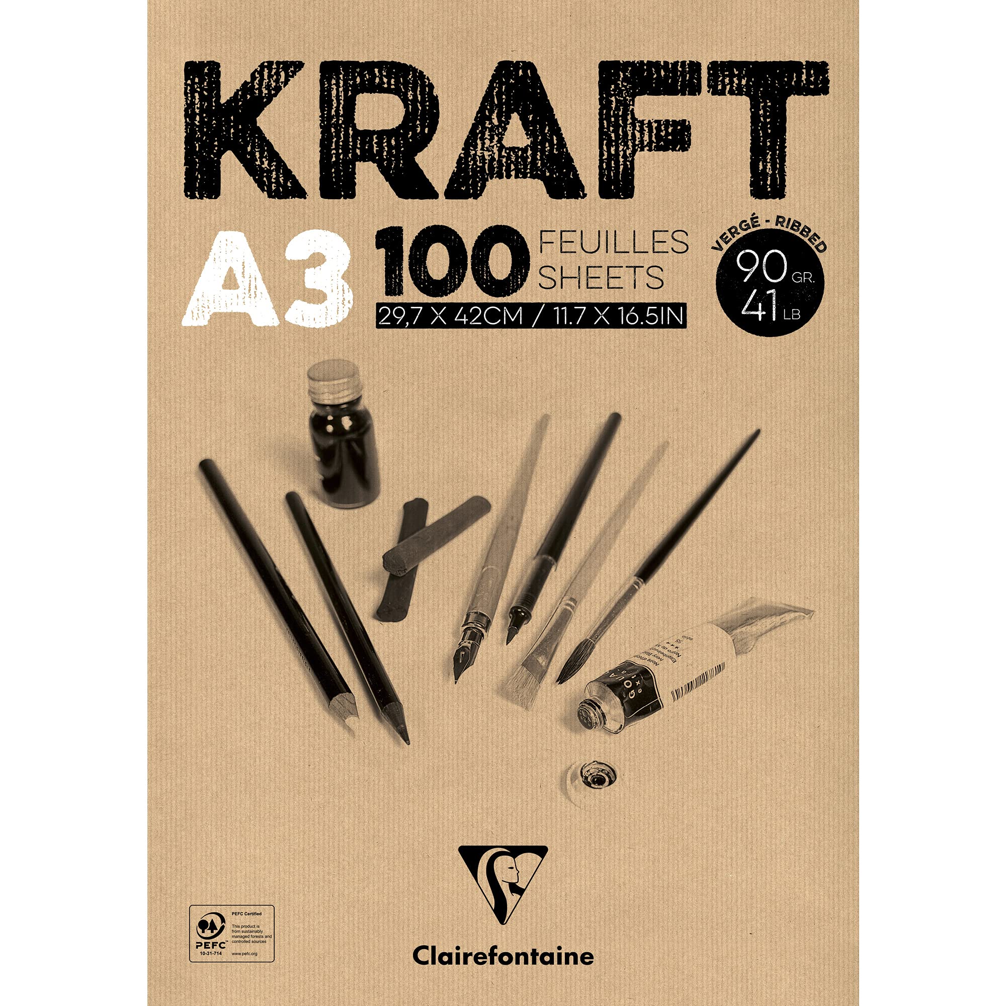 Clairefontaine 96546C Collated pad Kraft Paper - 100 sheets Brown Laid Kraft Paper A3 29.7x42 cm 90g - Double Sided Paper for Sketching and Drawing