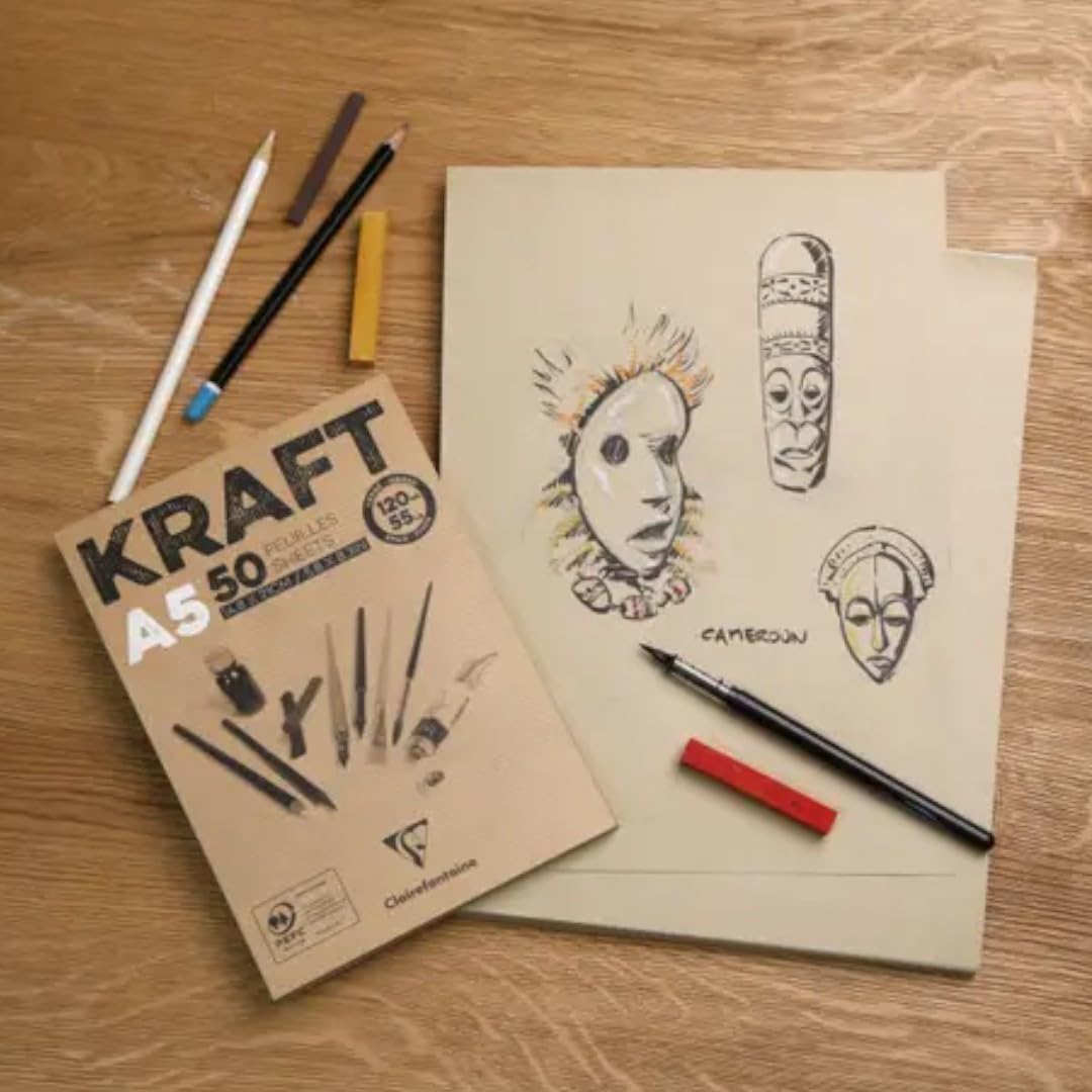 Clairefontaine 975814C Collated pad Kraft paper - 50 sheets Brown laid Kraft paper A5 14.8x21 cm 120g - Double-sided paper for sketching and drawing 14.8 x 21 x 0.6 cm 120 g