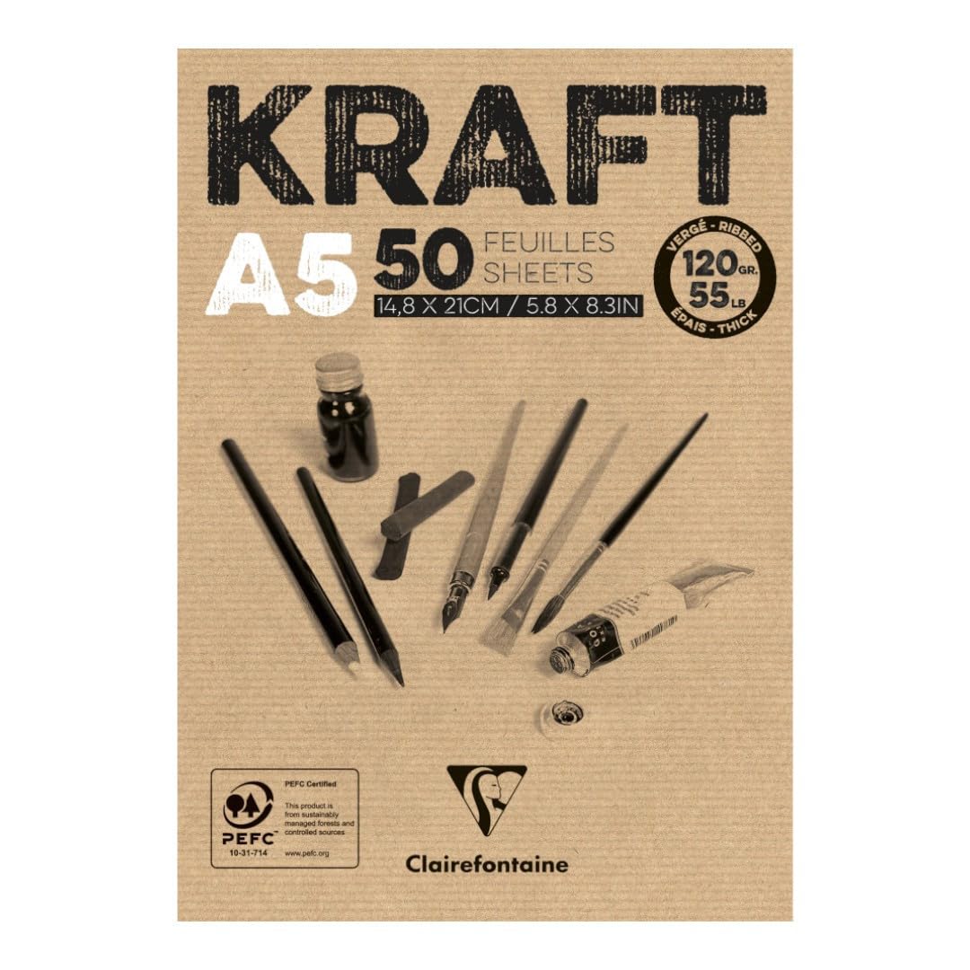 Clairefontaine 975814C Collated pad Kraft paper - 50 sheets Brown laid Kraft paper A5 14.8x21 cm 120g - Double-sided paper for sketching and drawing 14.8 x 21 x 0.6 cm 120 g