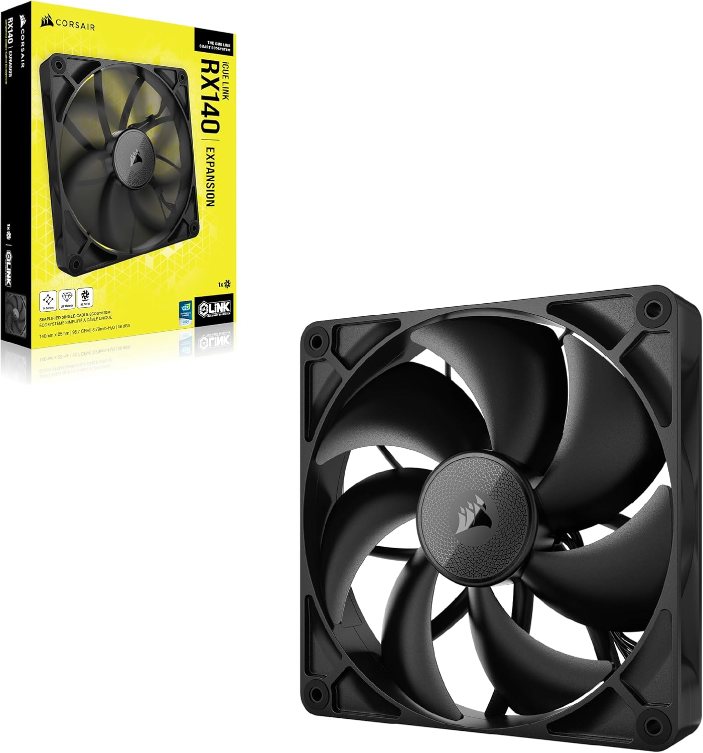 CORSAIR iCUE LINK RX140 140mm PWM Fan - Magnetic Dome Bearing - Single Fan - Black Non-RGB 1 x 140mm Black