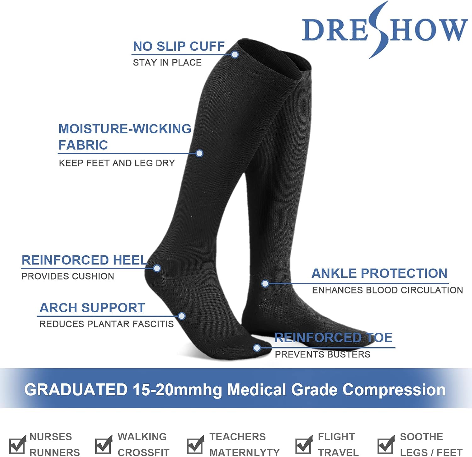 DRESHOW Graduated Compression Socks for Men and Women Elastic Sports Socks for Athletics, Running, Travel, Flight, Cycling 3 Pack: Black SM