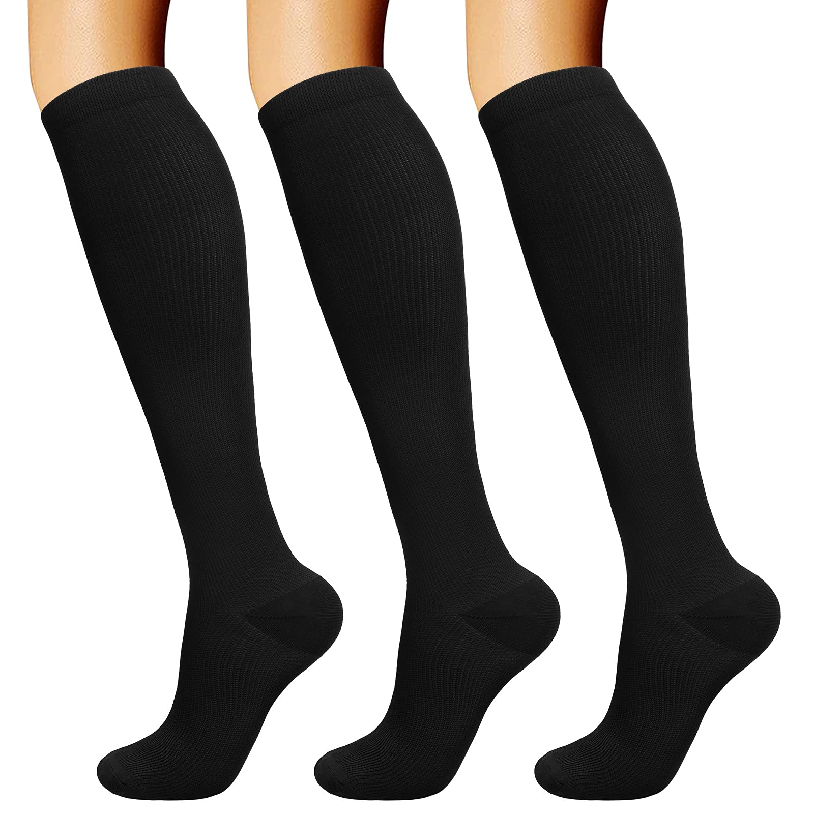 DRESHOW Graduated Compression Socks for Men and Women Elastic Sports Socks for Athletics, Running, Travel, Flight, Cycling 3 Pack: Black SM
