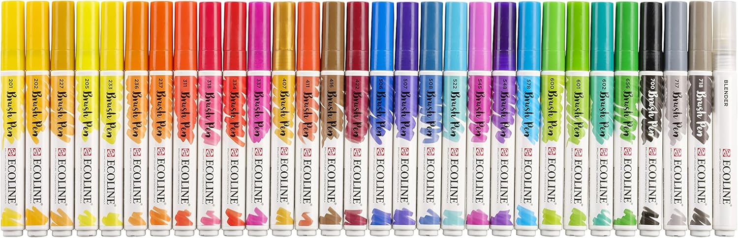 Ecoline Brush Pen Set of 30 liquid watercolor pens - basic colors - blendable markers for handwriting, drawing and creating objects