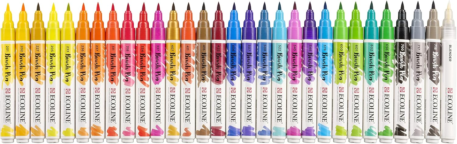 Ecoline Brush Pen Set of 30 liquid watercolor pens - basic colors - blendable markers for handwriting, drawing and creating objects