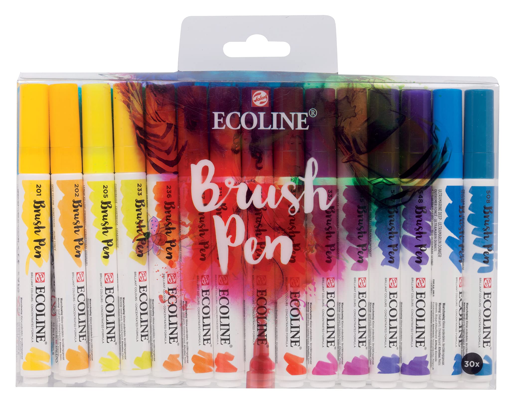 Ecoline Brush Pen Set of 30 liquid watercolor pens - basic colors - blendable markers for handwriting, drawing and creating objects