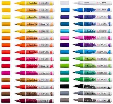 Ecoline Brush Pen Set of 40 liquid watercolor pens - basic colors - blendable markers for handwriting, drawing and creating objects