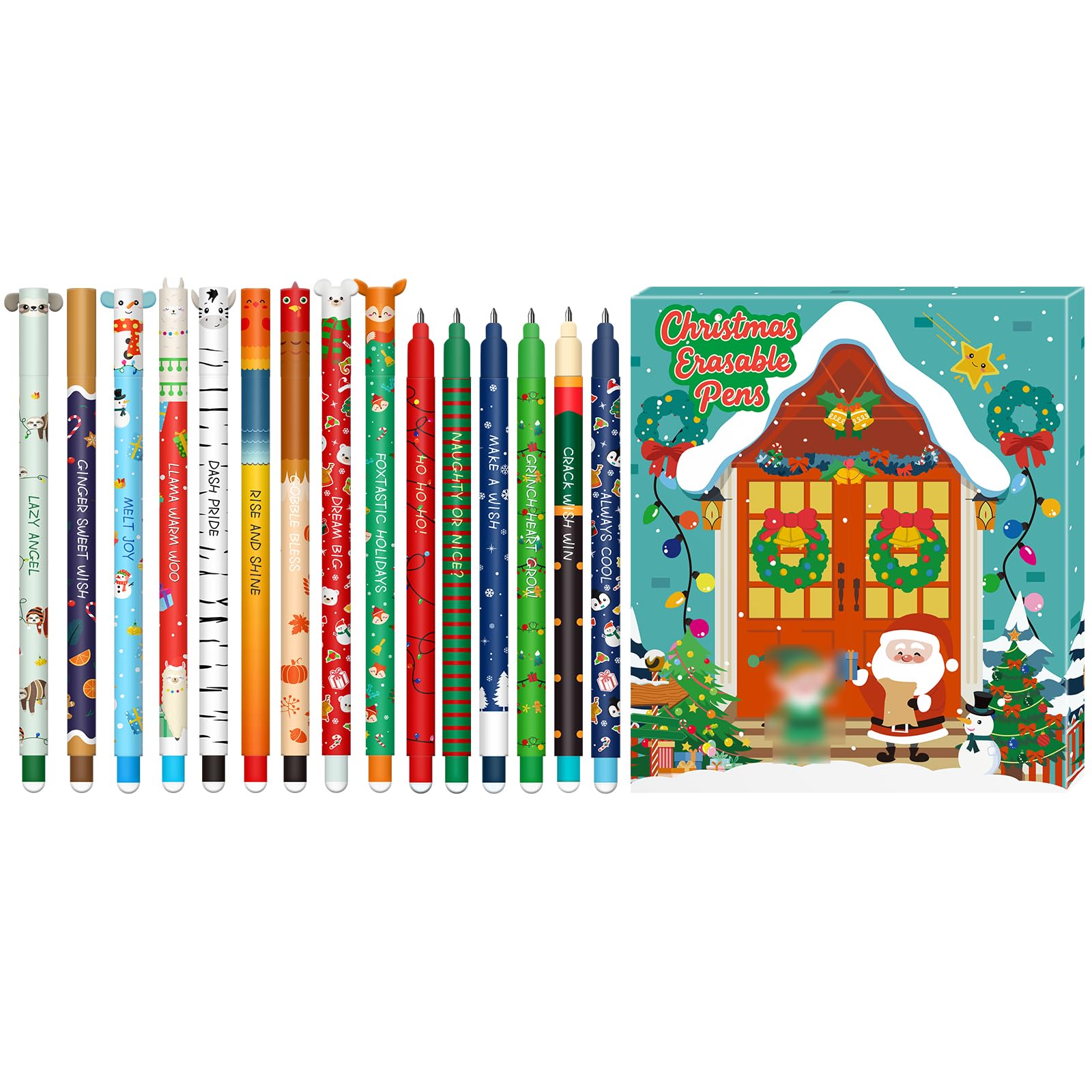 Erasable Gel Pen Set - Christmas Erasable Gel Pens Ball on End to Remove Ink, Thermosensitive, Tip Diameter 0.7 mm (15 Christmas Erasable Pens -C)
