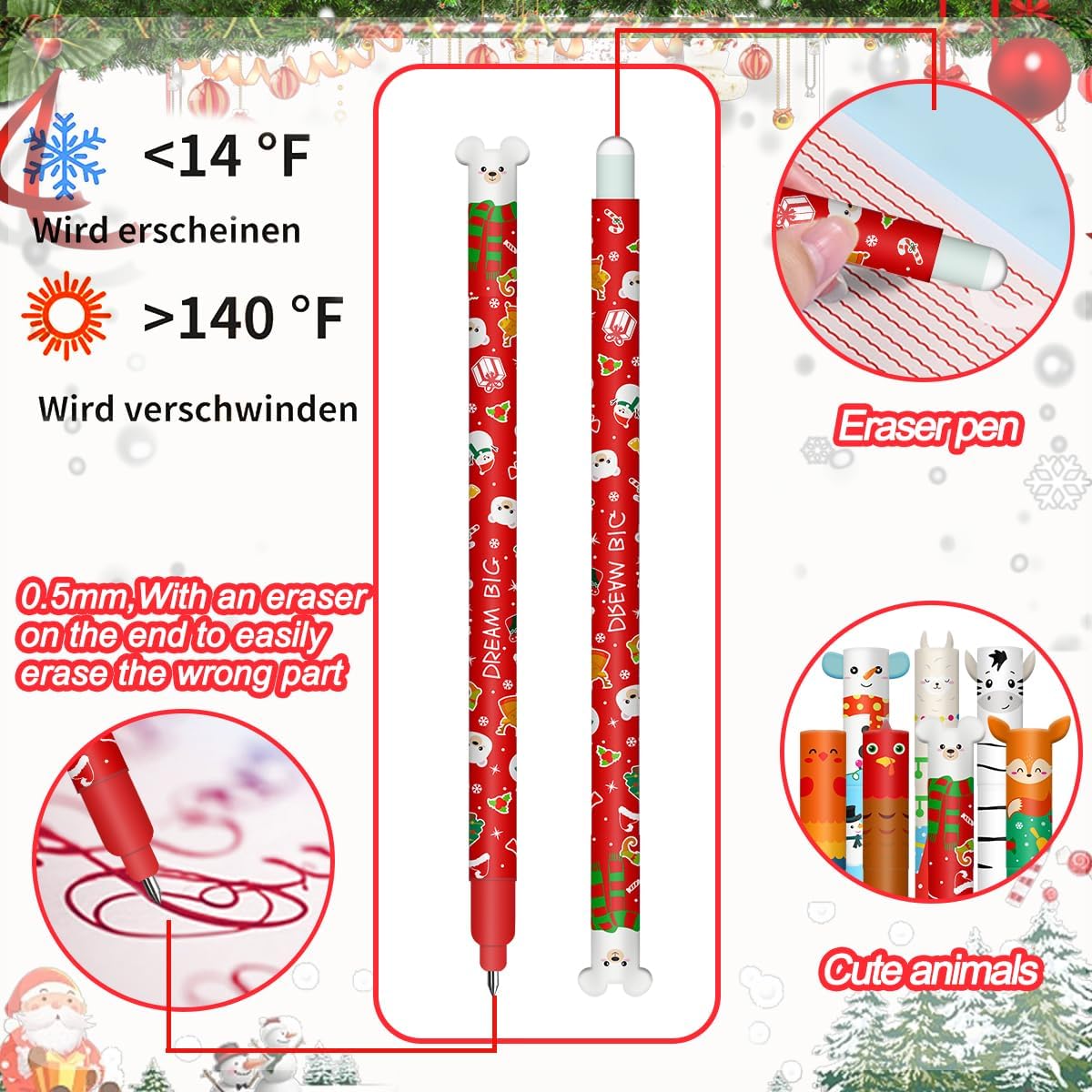 Erasable Gel Pen Set - Christmas Erasable Gel Pens Ball on End to Remove Ink, Thermosensitive, Tip Diameter 0.7 mm (15 Christmas Erasable Pens -C)