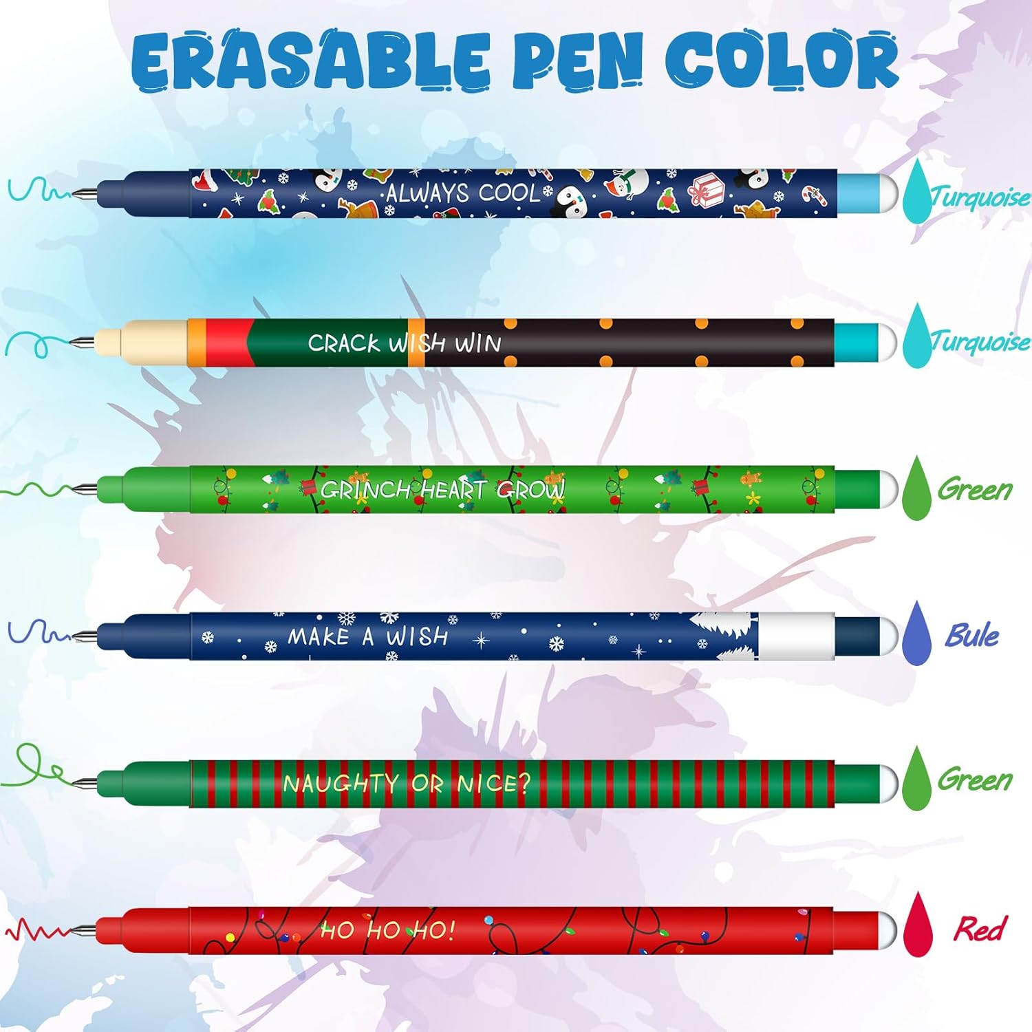 Erasable Gel Pen Set - Christmas Erasable Gel Pens Ball on End to Remove Ink, Thermosensitive, Tip Diameter 0.7 mm (15 Christmas Erasable Pens -C)
