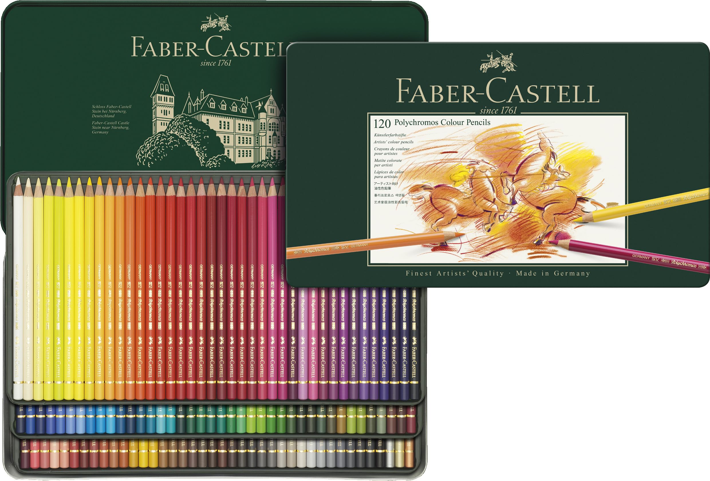 Faber-Castell 110011 Polychromos Colored Pencils, Set of 120 Professional Colored Pencils in Metal Case, Drawing Pencil Set with 3.8mm Lead, Acid-Free Pigments for a Variety of Surfaces Metal Case 1 unit (Pack of 120)