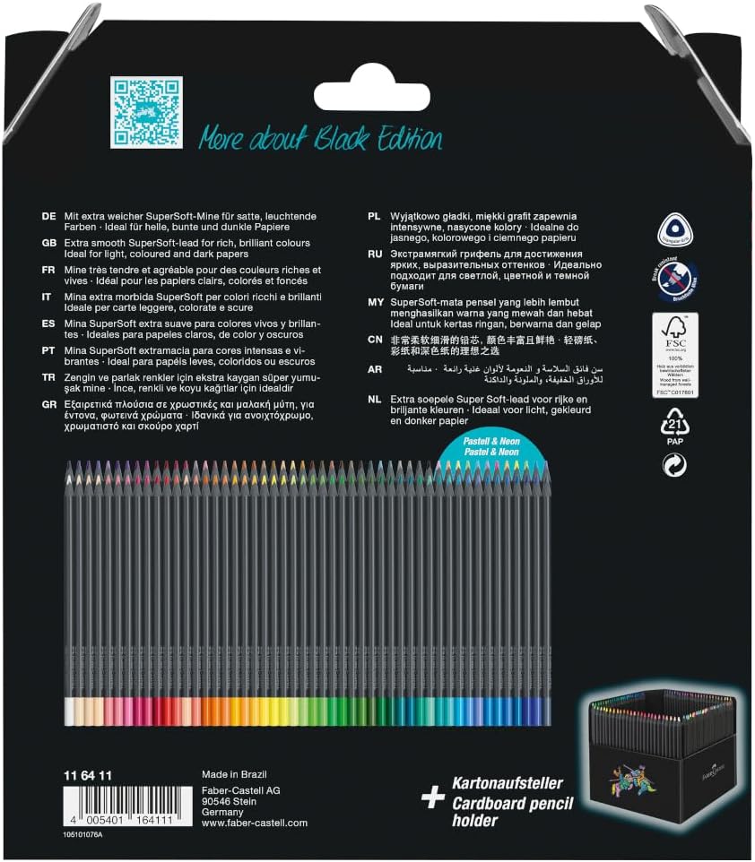 Faber-Castell 116411 Black Edition Set of 100 Colored Pencils, Resistant to Breakage and with Ergonomic Grip, Color Case for Coloring on Light and Dark Paper 100s