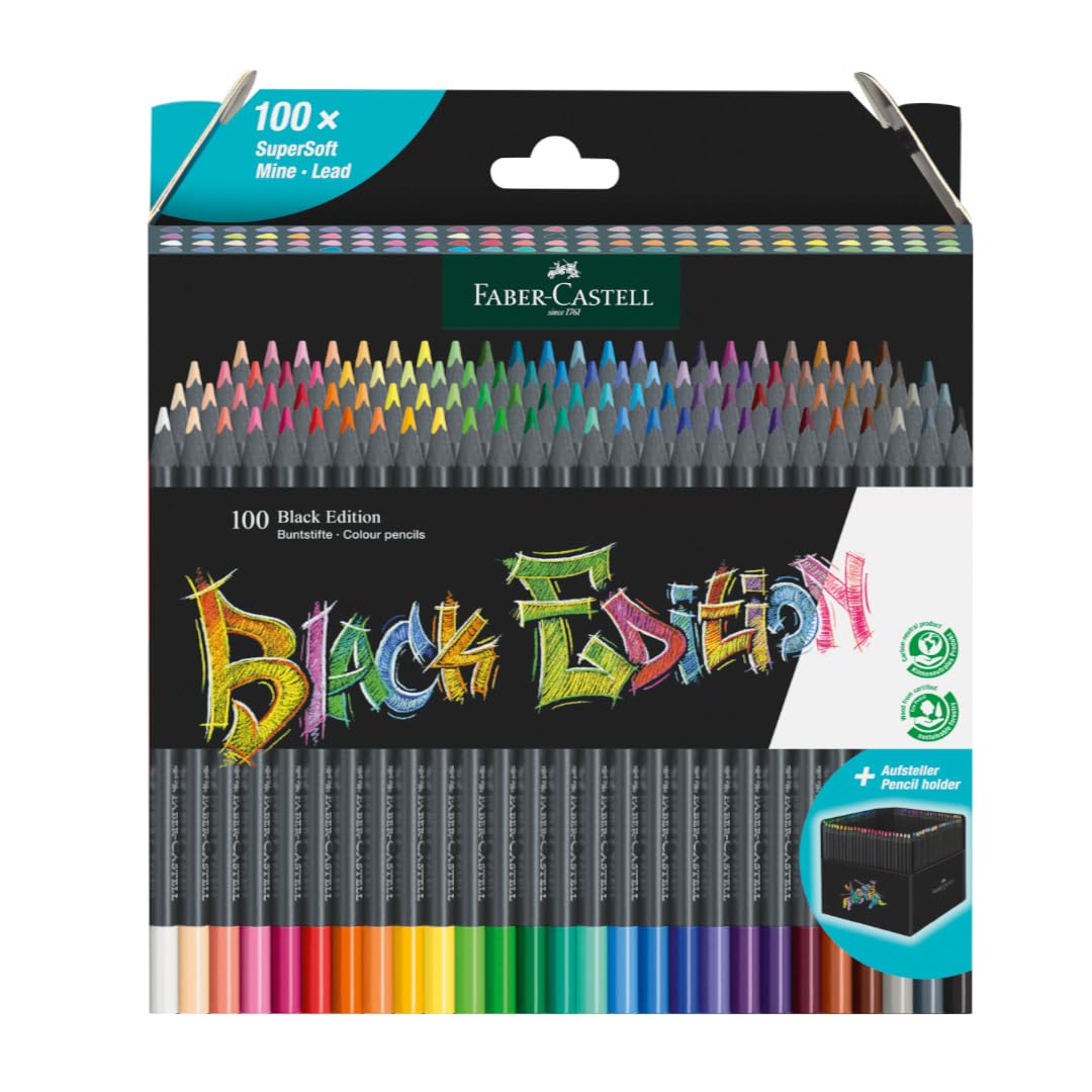 Faber-Castell 116411 Black Edition Set of 100 Colored Pencils, Resistant to Breakage and with Ergonomic Grip, Color Case for Coloring on Light and Dark Paper 100s