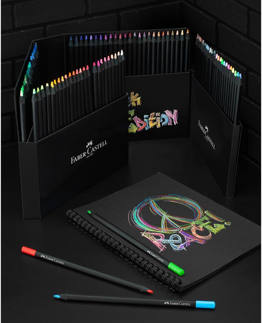 Faber-Castell 116411 Black Edition Set of 100 Colored Pencils, Resistant to Breakage and with Ergonomic Grip, Color Case for Coloring on Light and Dark Paper 100s