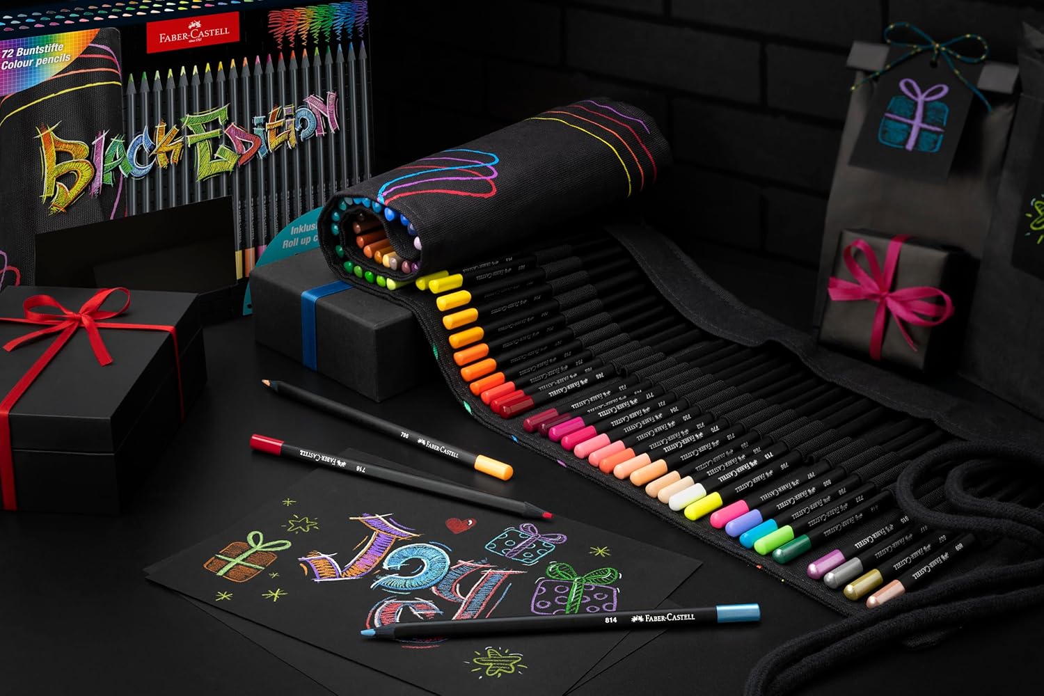 Faber-Castell 116418 Colored Pencil Set with Roll, 72 Black Edition Colored Pencils, Including Metallic and Neon Colors