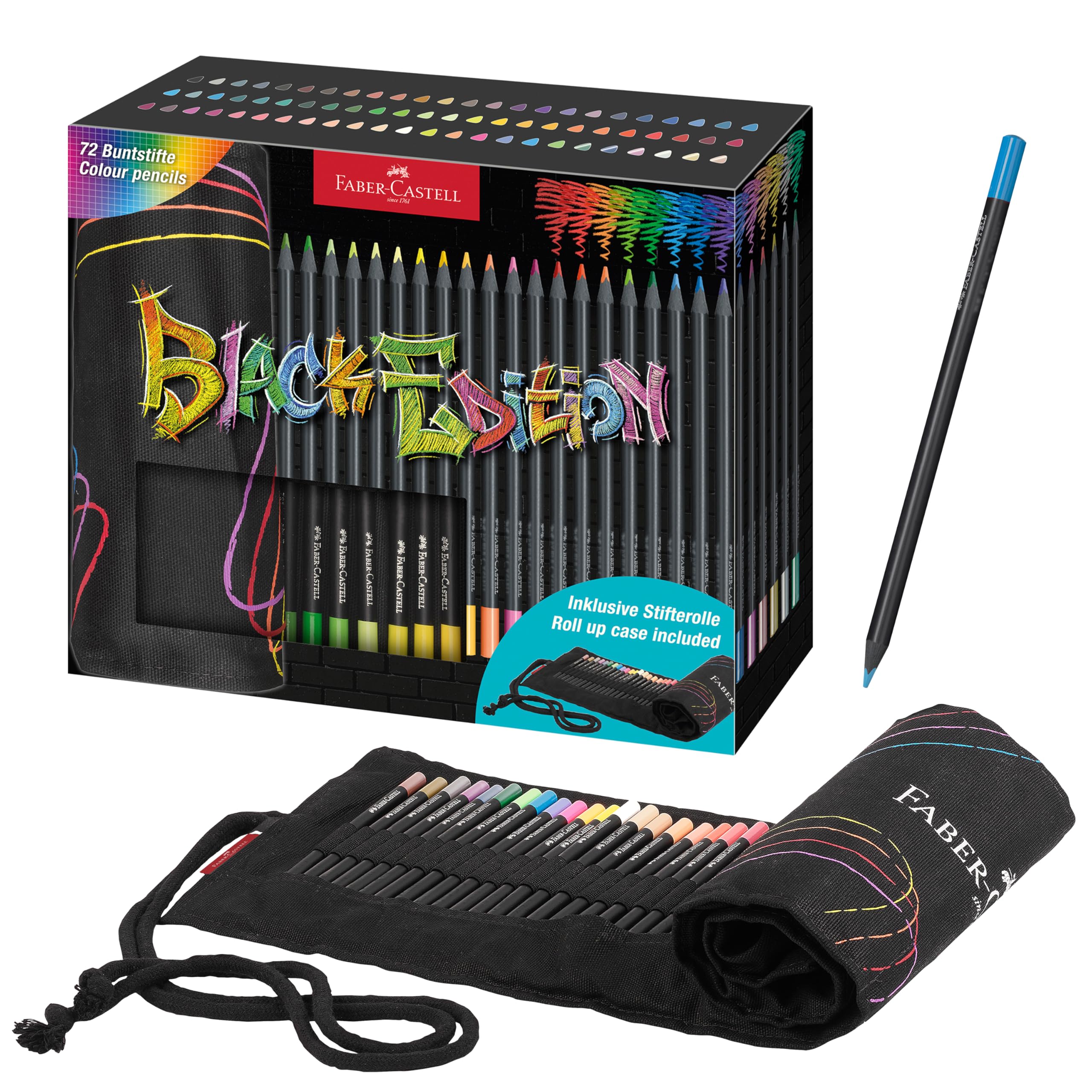 Faber-Castell 116418 Colored Pencil Set with Roll, 72 Black Edition Colored Pencils, Including Metallic and Neon Colors