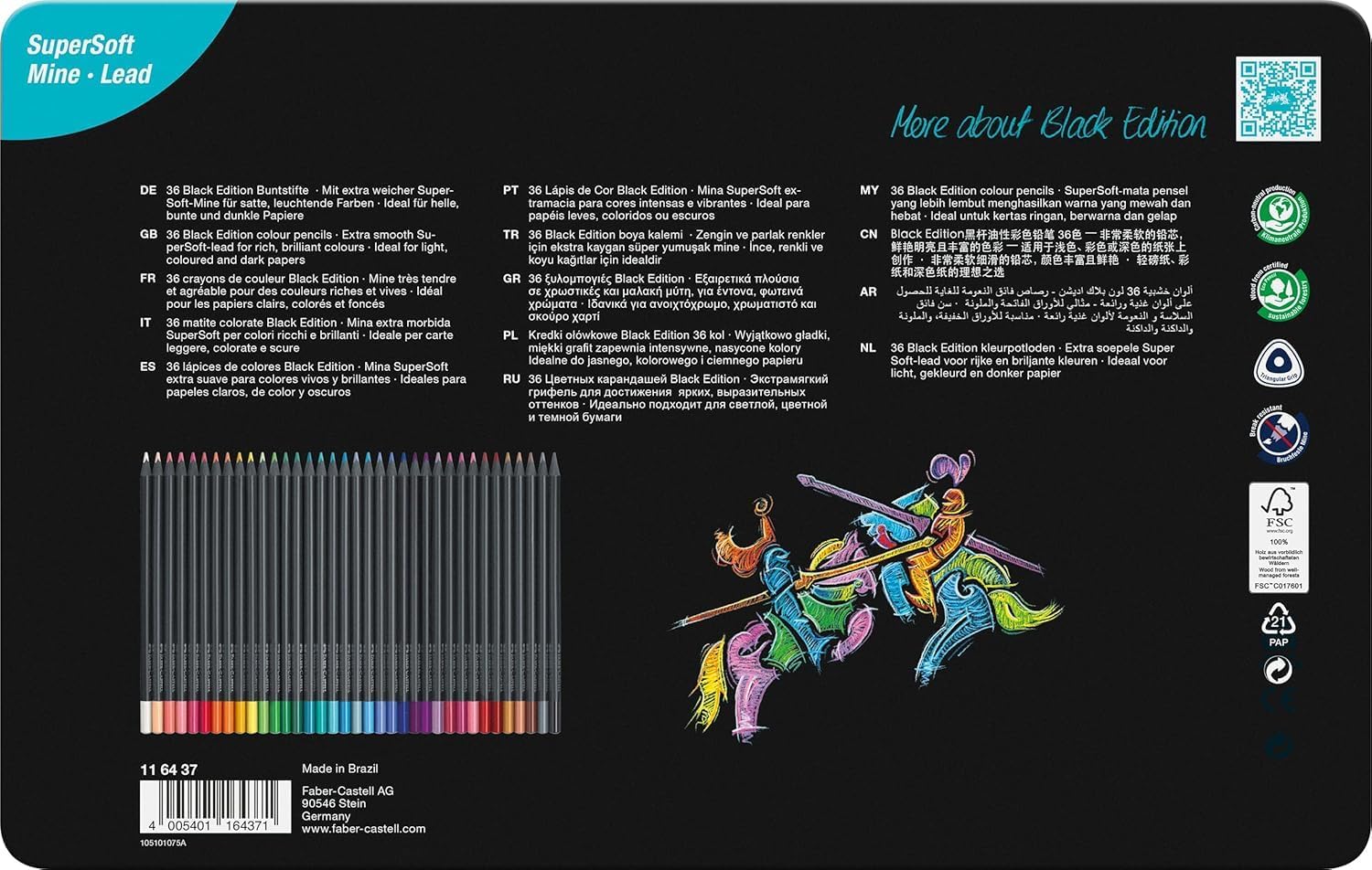 Faber-Castell 116437 Black Edition 36 Colored Pencils, Metal Case, Break-Resistant and Ergonomic Grip, Color Case for Coloring on Light and Dark Paper Metal Case 36 units (Pack of 1)