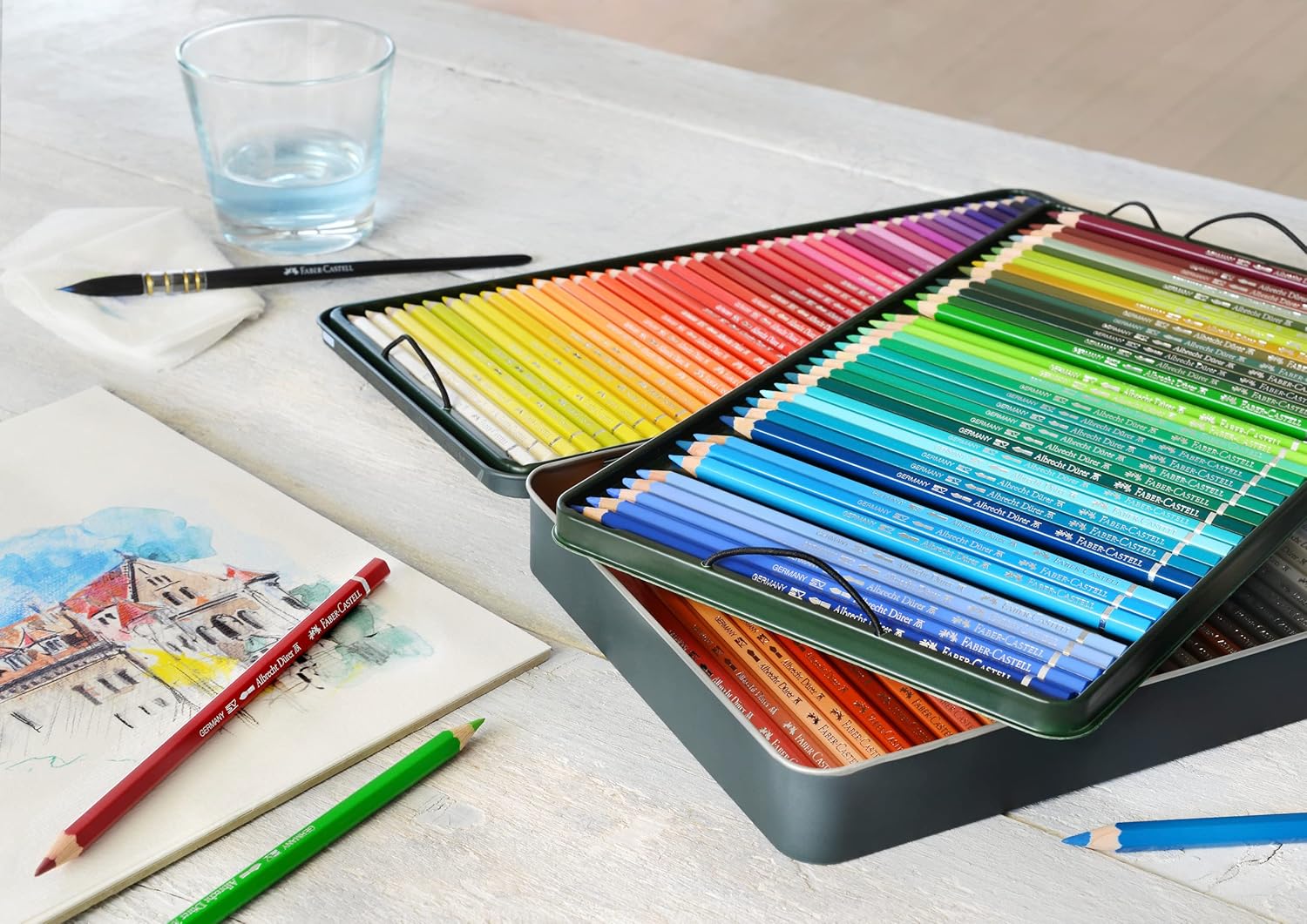 Faber-Castell 117511 Albrecht Dürer Watercolor Pencils, Jar with 120 Pencils, 3.8 mm Lead, Set of Professional Colored Pencils with Water-soluble Pigments that Transform with Just a Few Brushstrokes Metal case 1 unit (Pack of 120)