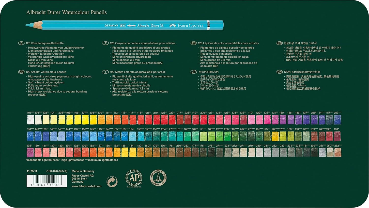 Faber-Castell 117511 Albrecht Dürer Watercolor Pencils, Jar with 120 Pencils, 3.8 mm Lead, Set of Professional Colored Pencils with Water-soluble Pigments that Transform with Just a Few Brushstrokes Metal case 1 unit (Pack of 120)