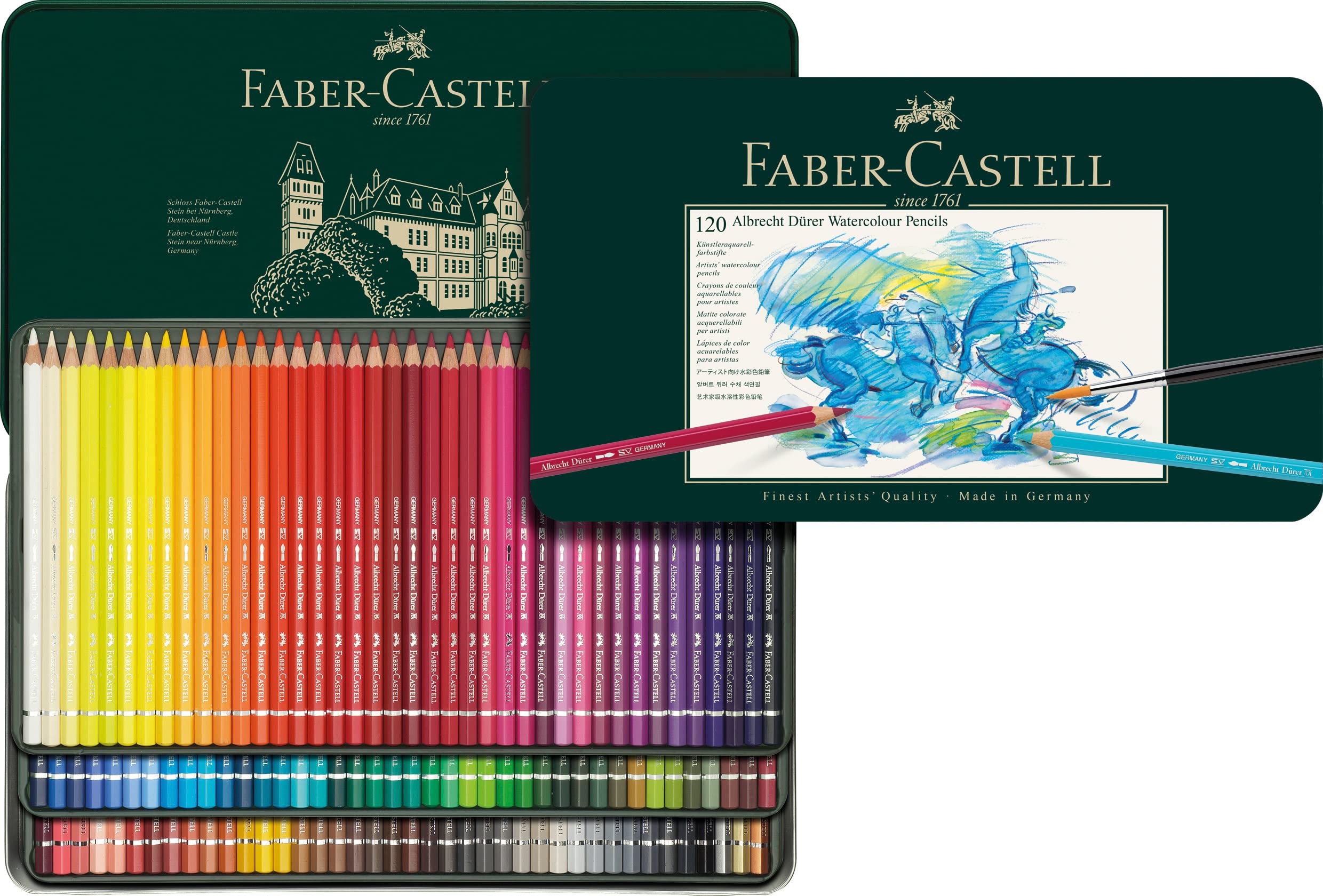 Faber-Castell 117511 Albrecht Dürer Watercolor Pencils, Jar with 120 Pencils, 3.8 mm Lead, Set of Professional Colored Pencils with Water-soluble Pigments that Transform with Just a Few Brushstrokes Metal case 1 unit (Pack of 120)