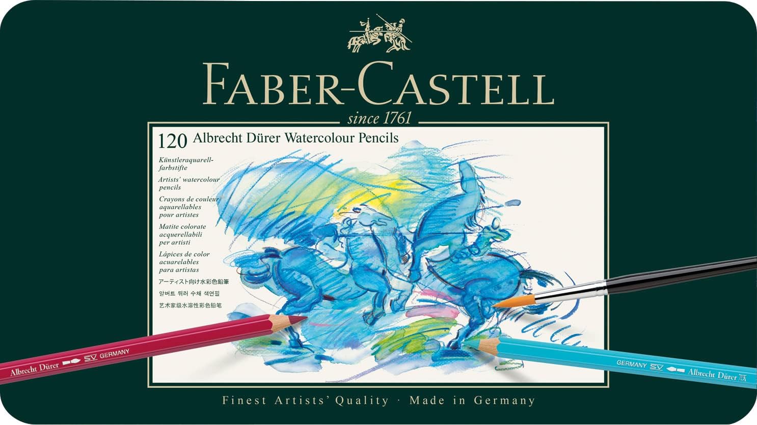 Faber-Castell 117511 Albrecht Dürer Watercolor Pencils, Jar with 120 Pencils, 3.8 mm Lead, Set of Professional Colored Pencils with Water-soluble Pigments that Transform with Just a Few Brushstrokes Metal case 1 unit (Pack of 120)