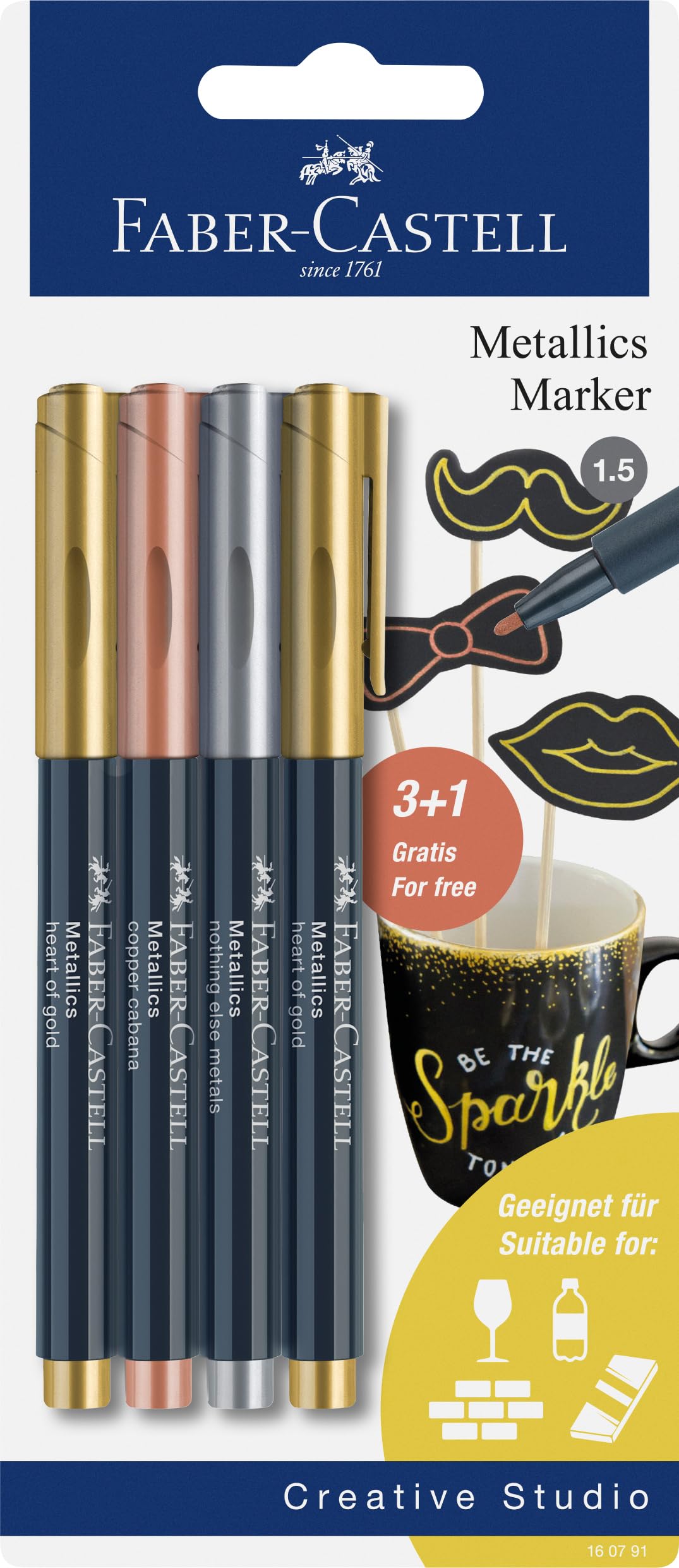 FABER-CASTELL 160791 Metallics Marker Set, 4 Markers, Line Width 1.5 mm, Suitable for Many Surfaces, with Metallic Effect Metallics Bunt 1 Unit (Pack of 4)