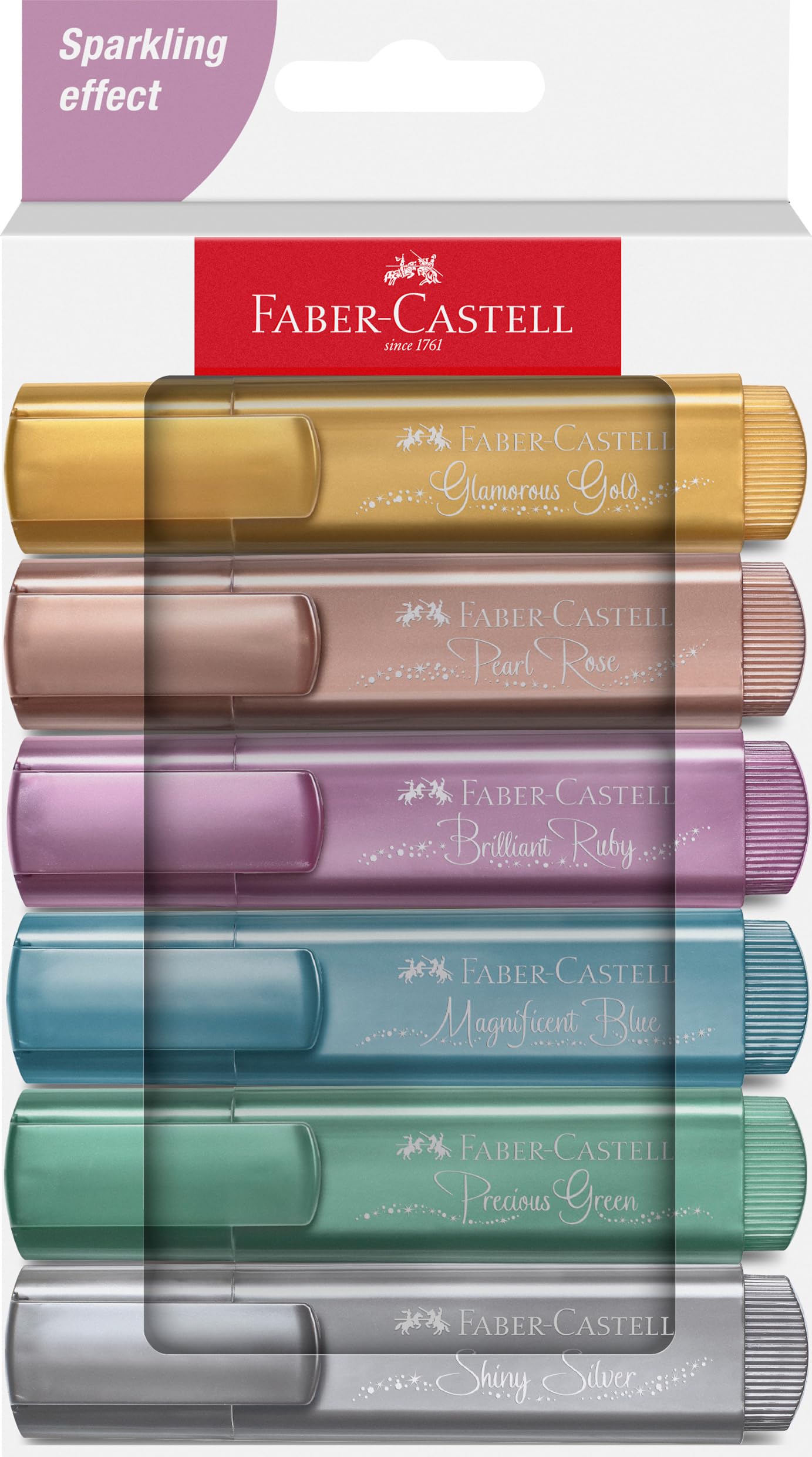 Faber-Castell 254676 Set of 6 Metallic Highlighters, Precision Chisel Tip, Colored Highlighter Set, Flat Ergonomic Design