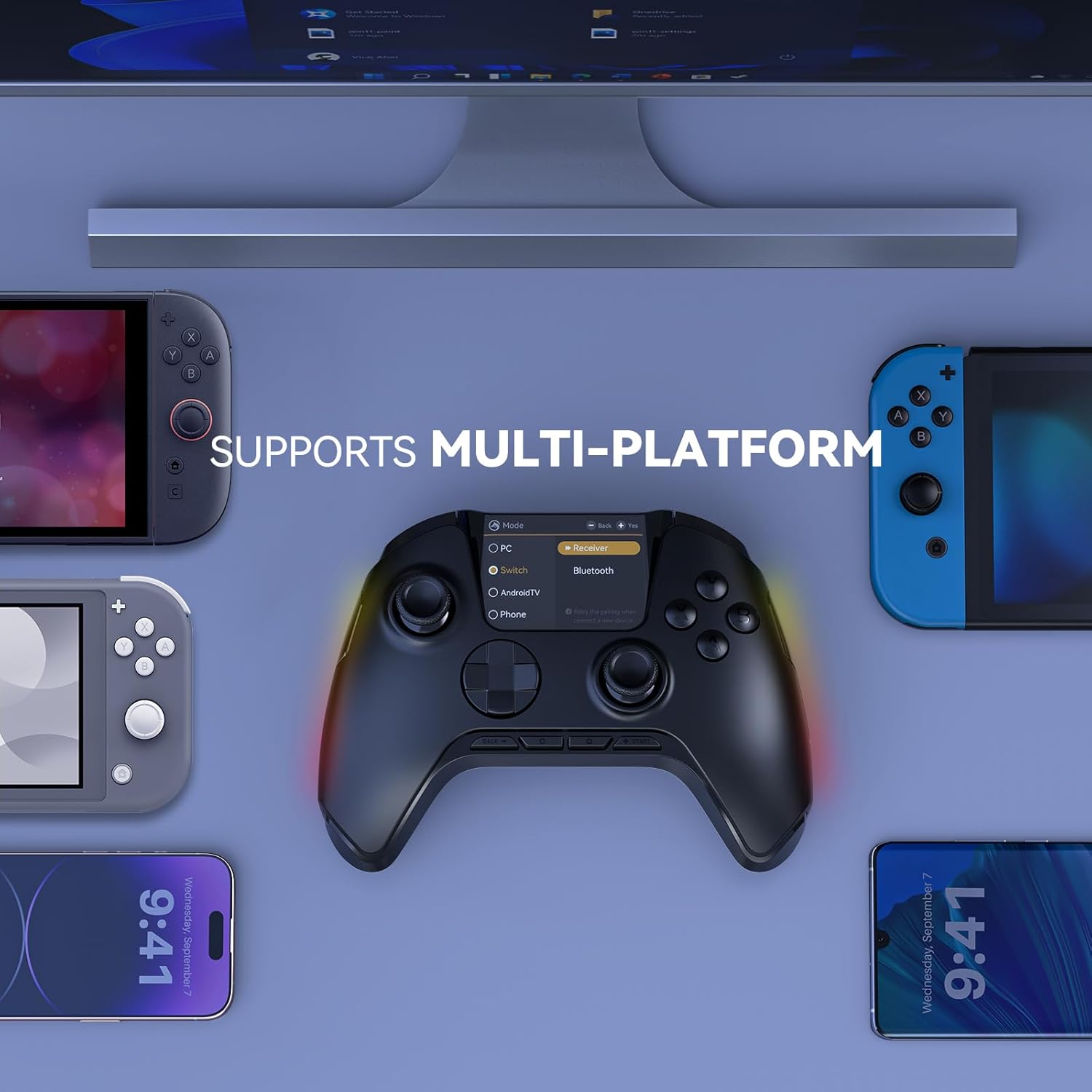 FIEHDUW NO DRIFT ManbaOne Interactive Screen Gaming Controller for PC/Switch/iOS/Android/Steam Deck, 1800mAh Hall Effect Controller with LED, Mapping Buttons, Charging Dock (Black) Black