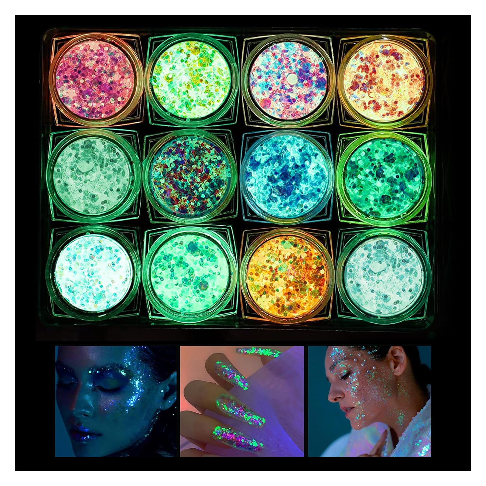 Fluorescent Gel Sequins, 12 Colors Fluoreszierendes Glitzer, Iridescent Glitter Set, Fluorescent Sequins for Body, Face, Eyes, Hair, Makeup, Musical Parties, Halloween, Christmas