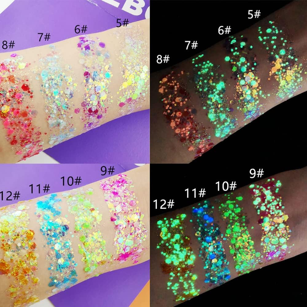Fluorescent Gel Sequins, 12 Colors Fluoreszierendes Glitzer, Iridescent Glitter Set, Fluorescent Sequins for Body, Face, Eyes, Hair, Makeup, Musical Parties, Halloween, Christmas