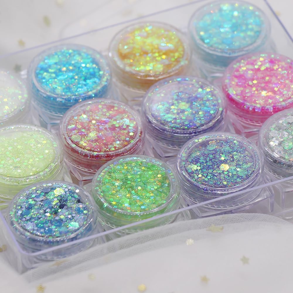 Fluorescent Gel Sequins, 12 Colors Fluoreszierendes Glitzer, Iridescent Glitter Set, Fluorescent Sequins for Body, Face, Eyes, Hair, Makeup, Musical Parties, Halloween, Christmas