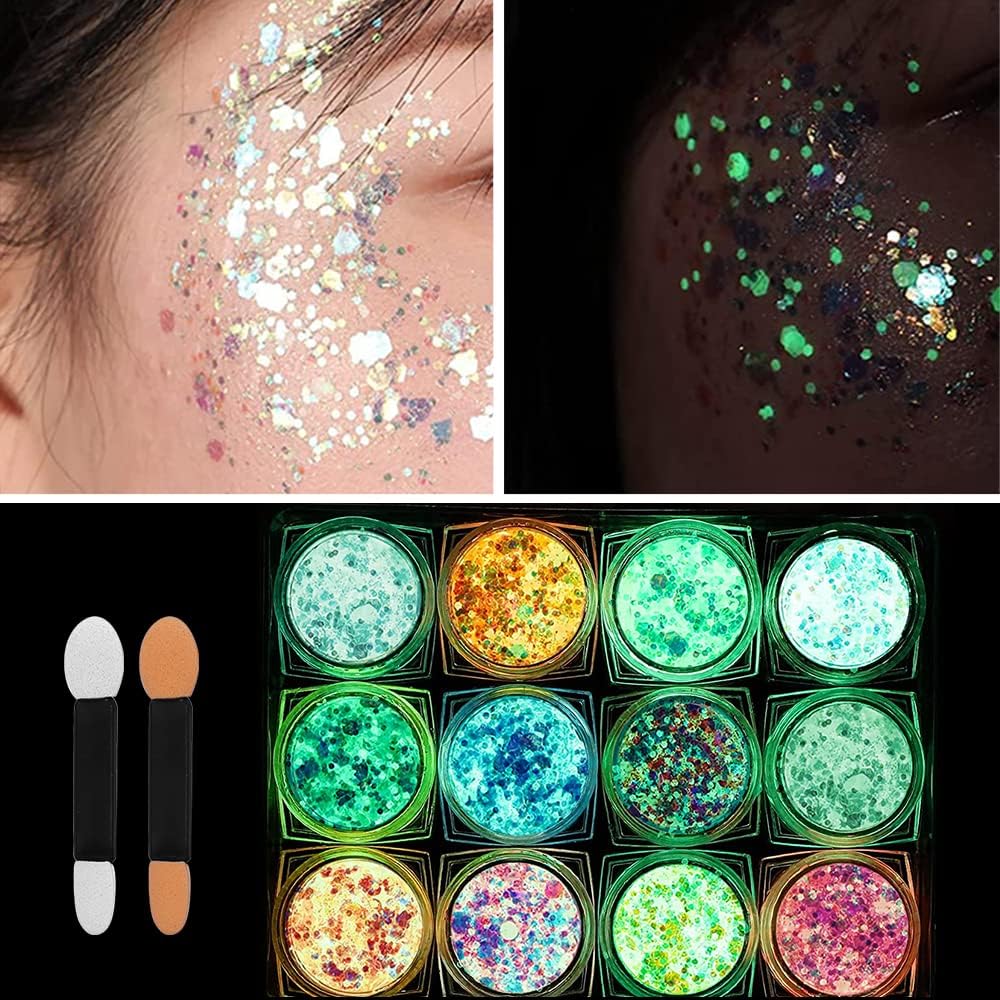 Fluorescent Gel Sequins, 12 Colors Fluoreszierendes Glitzer, Iridescent Glitter Set, Fluorescent Sequins for Body, Face, Eyes, Hair, Makeup, Musical Parties, Halloween, Christmas