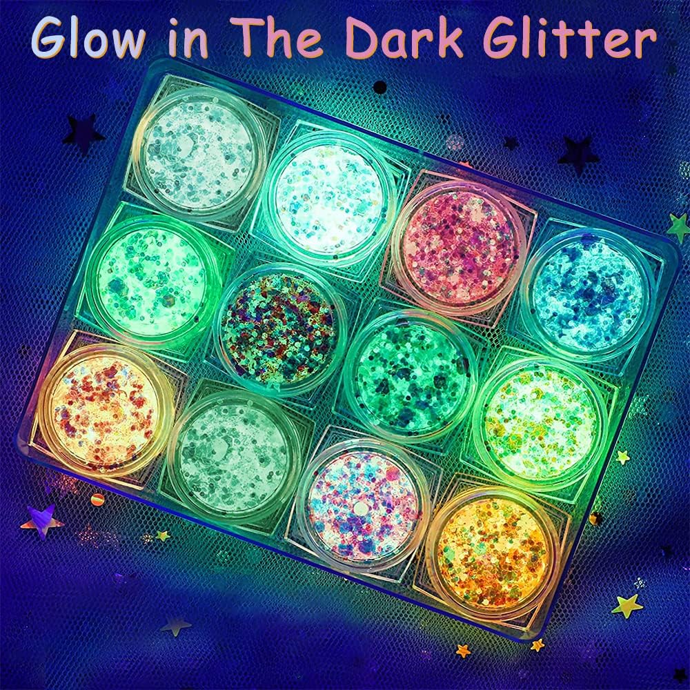 Fluorescent Gel Sequins, 12 Colors Fluoreszierendes Glitzer, Iridescent Glitter Set, Fluorescent Sequins for Body, Face, Eyes, Hair, Makeup, Musical Parties, Halloween, Christmas