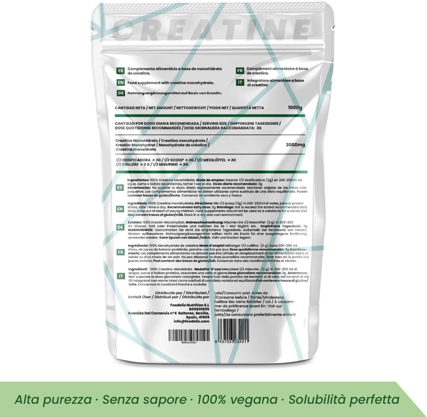 Foodelis Micronised Creatine Monohydrate Powder 1kg /333 Servings - Tasteless - Highly Soluble - Improves Physical Performance and Muscle Strength - Pure, Additive Free - Includes Dispenser Unflavoured 1 kg