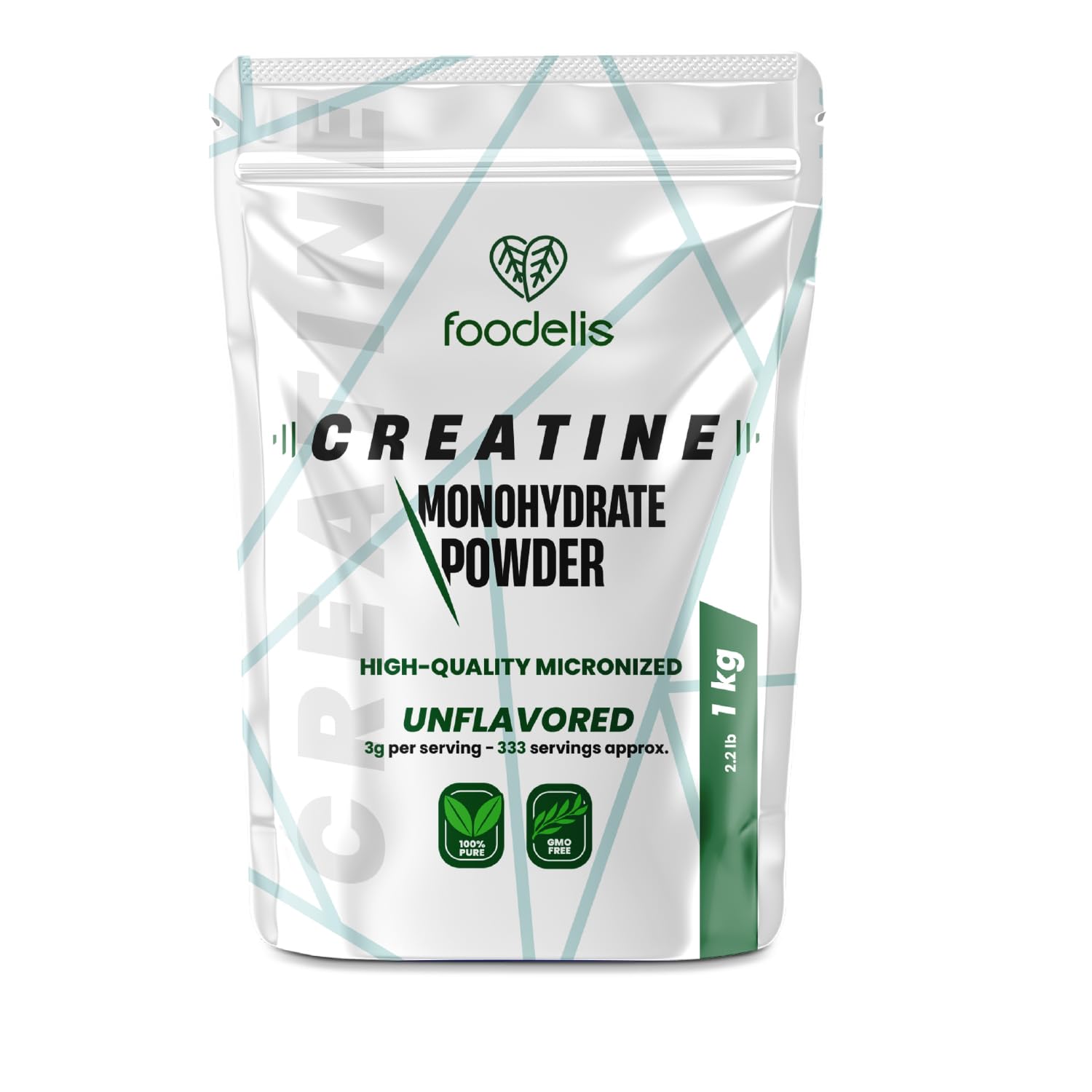 Foodelis Micronised Creatine Monohydrate Powder 1kg /333 Servings - Tasteless - Highly Soluble - Improves Physical Performance and Muscle Strength - Pure, Additive Free - Includes Dispenser Unflavoured 1 kg