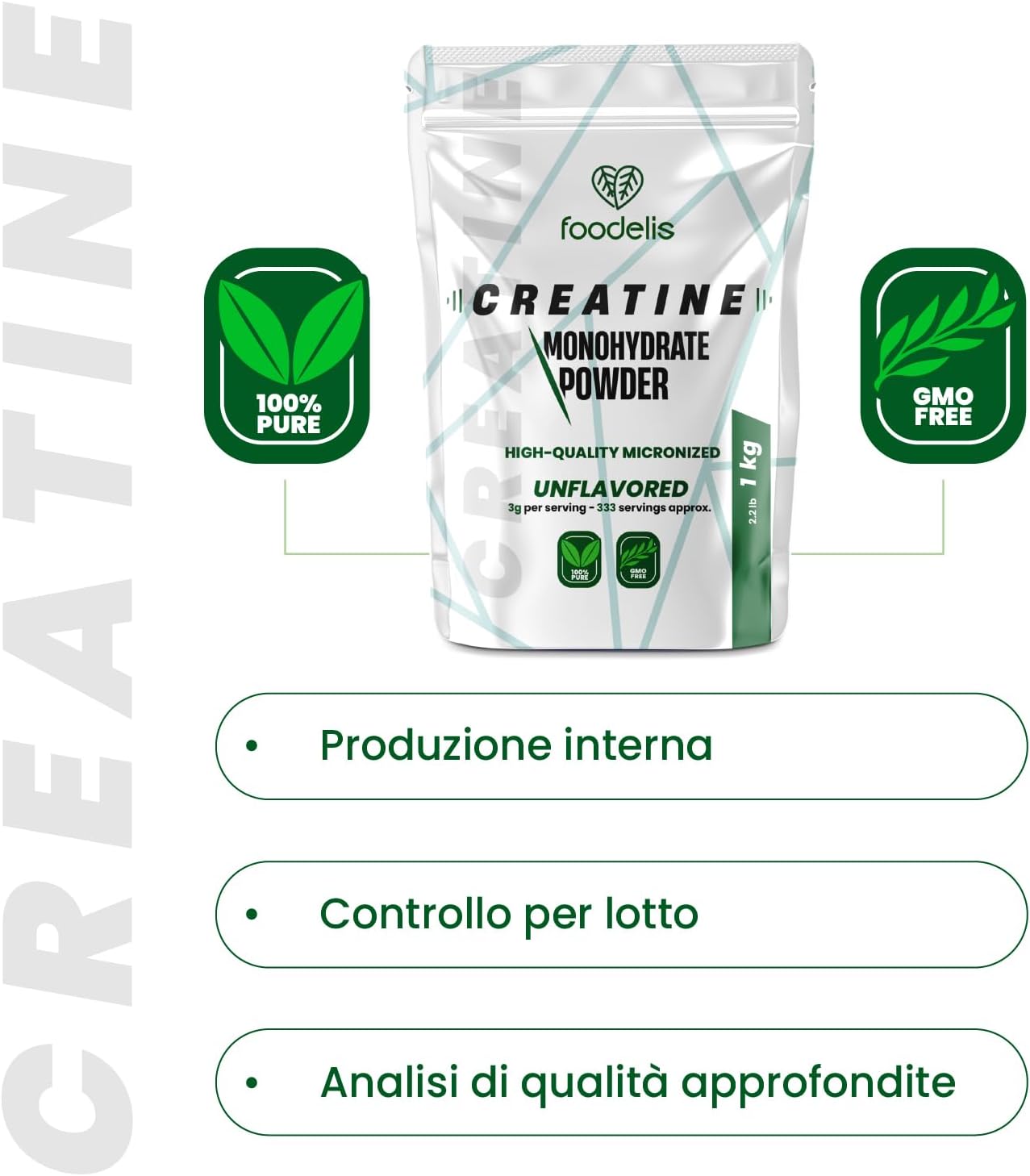 Foodelis Micronised Creatine Monohydrate Powder 1kg /333 Servings - Tasteless - Highly Soluble - Improves Physical Performance and Muscle Strength - Pure, Additive Free - Includes Dispenser Unflavoured 1 kg