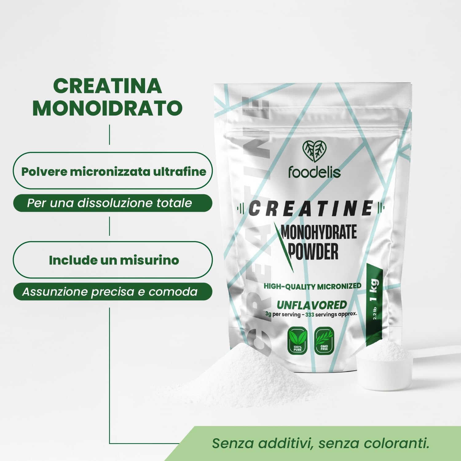 Foodelis Micronised Creatine Monohydrate Powder 1kg /333 Servings - Tasteless - Highly Soluble - Improves Physical Performance and Muscle Strength - Pure, Additive Free - Includes Dispenser Unflavoured 1 kg