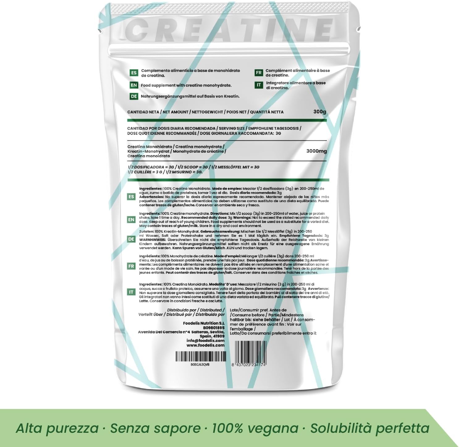 Foodelis Micronized Creatine Monohydrate in Powder 300 g – Flavorless – 100% Pure Creatine – Without Additives – Vegan – High Solubility – Measuring Cup Included Unflavored 300g