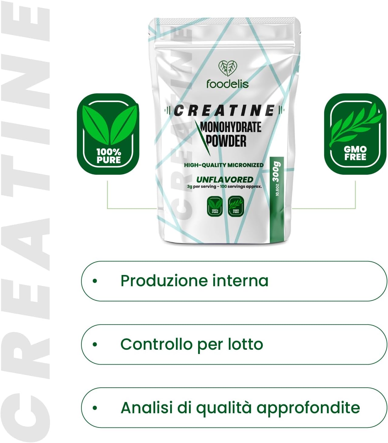 Foodelis Micronized Creatine Monohydrate in Powder 300 g – Flavorless – 100% Pure Creatine – Without Additives – Vegan – High Solubility – Measuring Cup Included Unflavored 300g